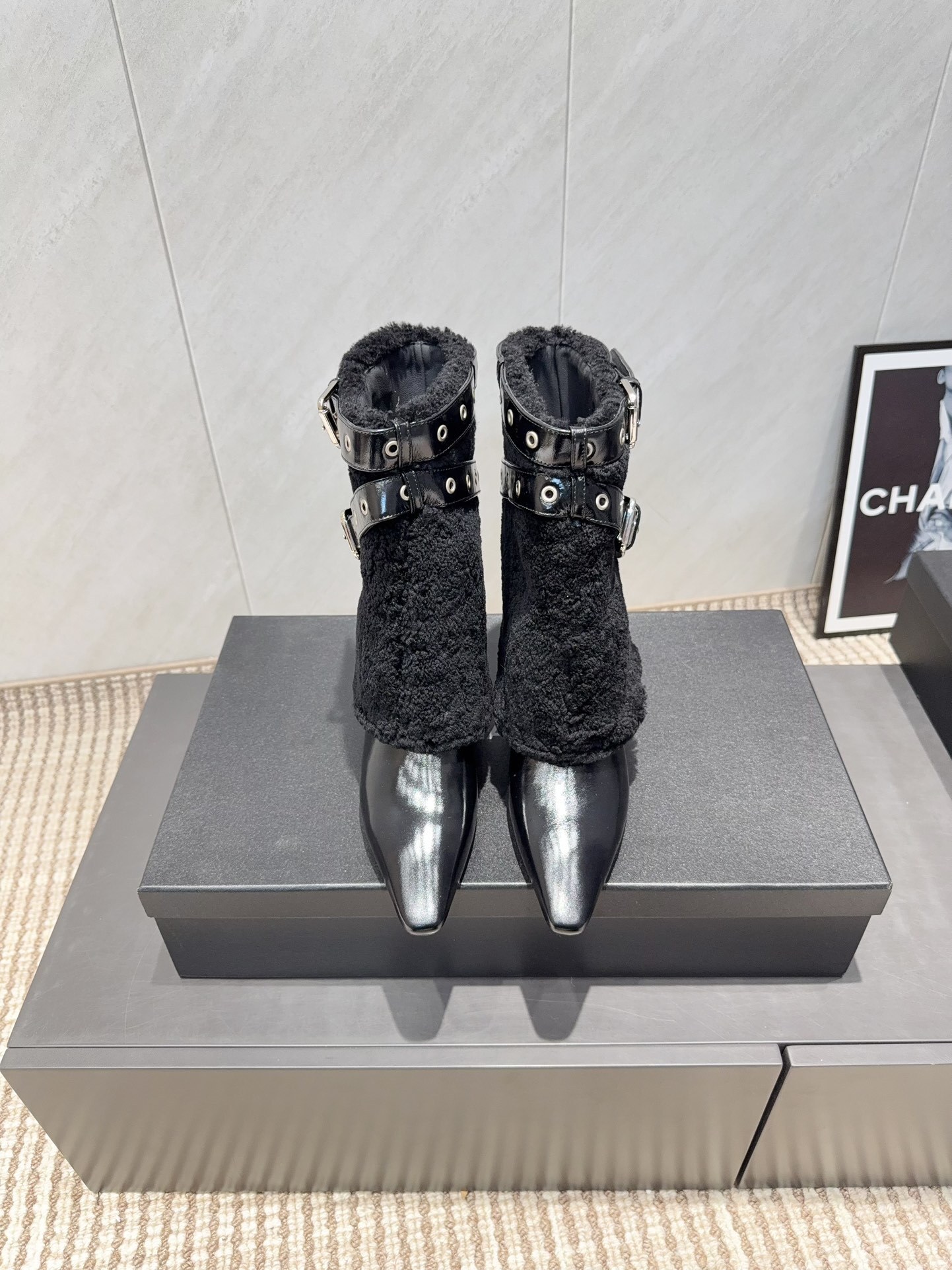 Luxury Black Pointed Toe Shearling Boots with Buckle Straps