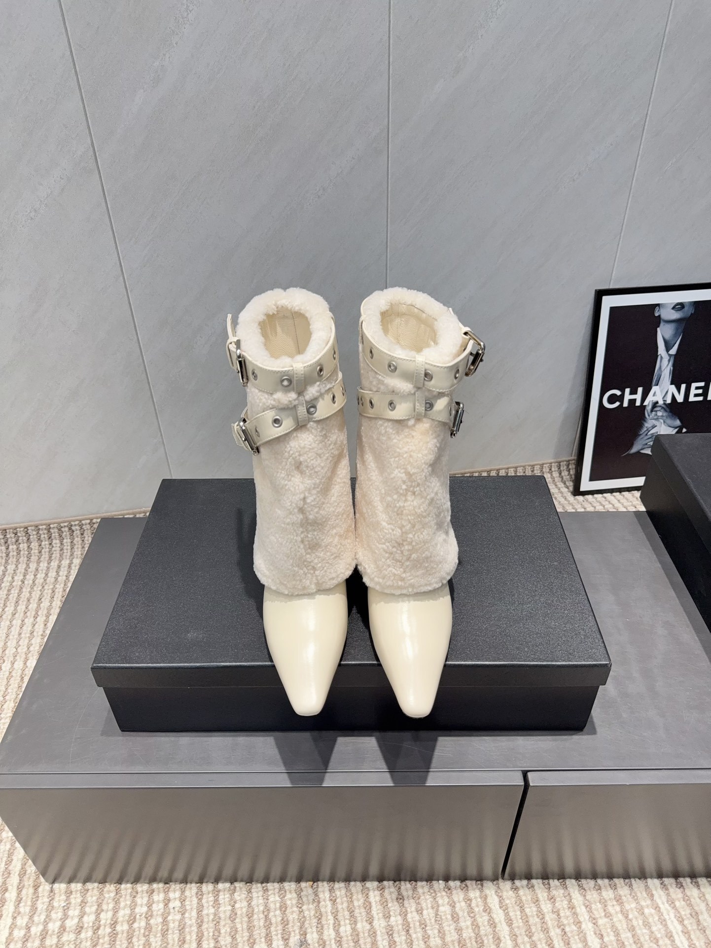 Luxury Cream Shearling Buckle Boots with Pointed Toe & Wedge