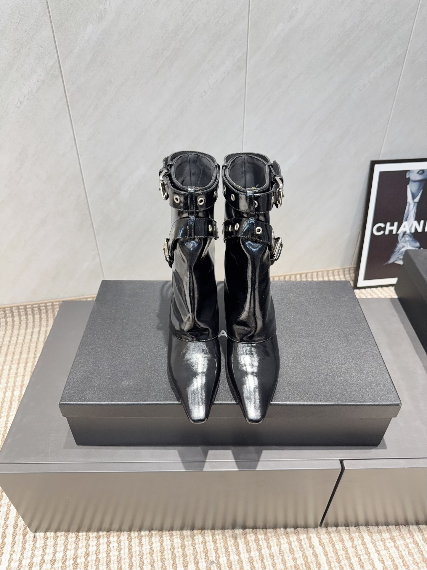 Luxury Black Patent Leather Buckle Wedge Boots – Pointed Toe