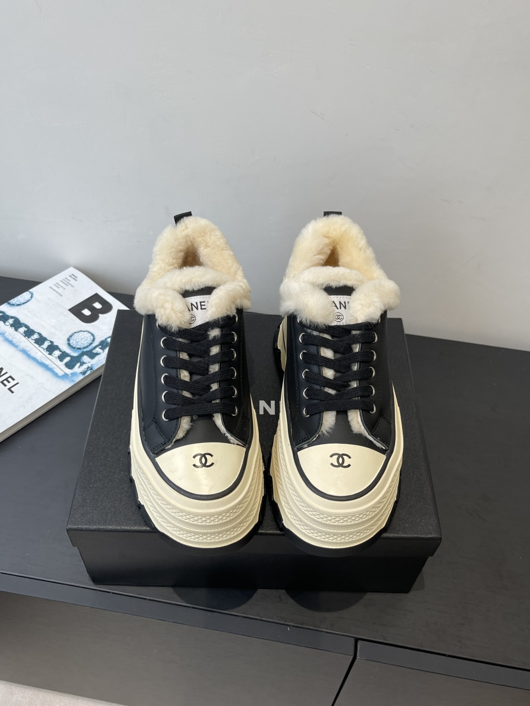 Luxury Black Leather Platform Sneakers with Shearling Lining