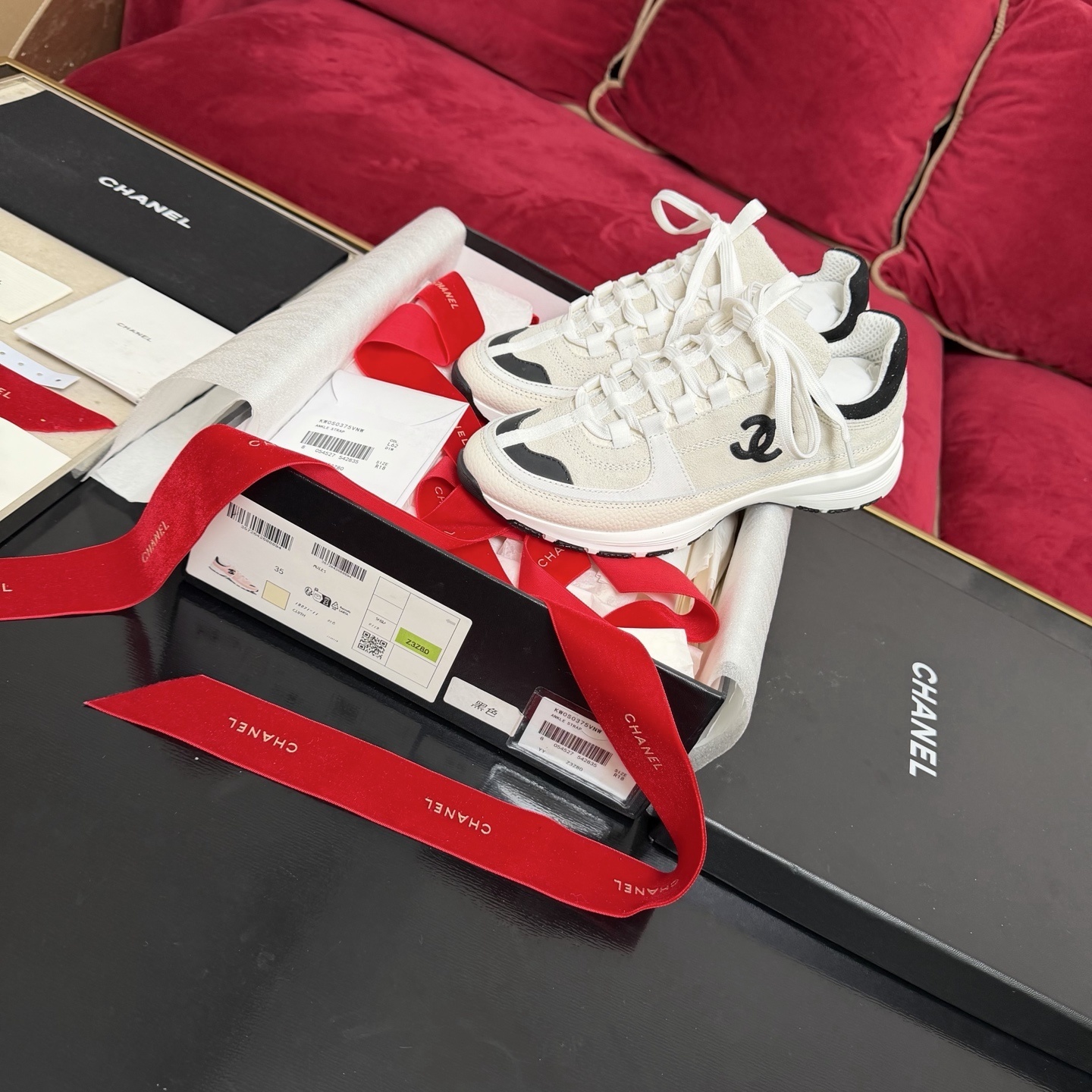 Chanel White and Black Mesh Suede Sneakers Luxury Designer Shoes