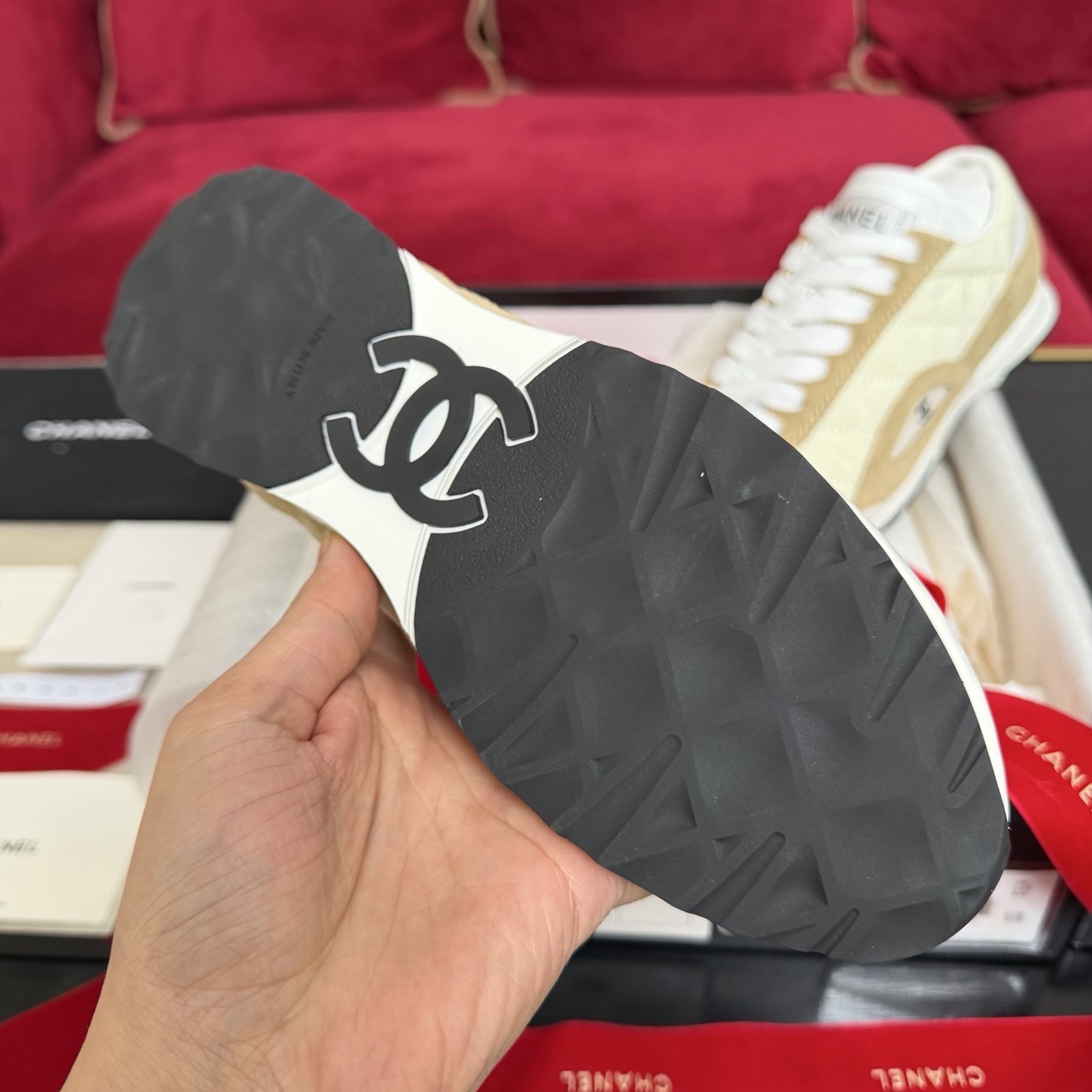 Pair of Chanel quilted fabric and suede sneakers in beige and cream color with original box and red ribbon - Hình 9
