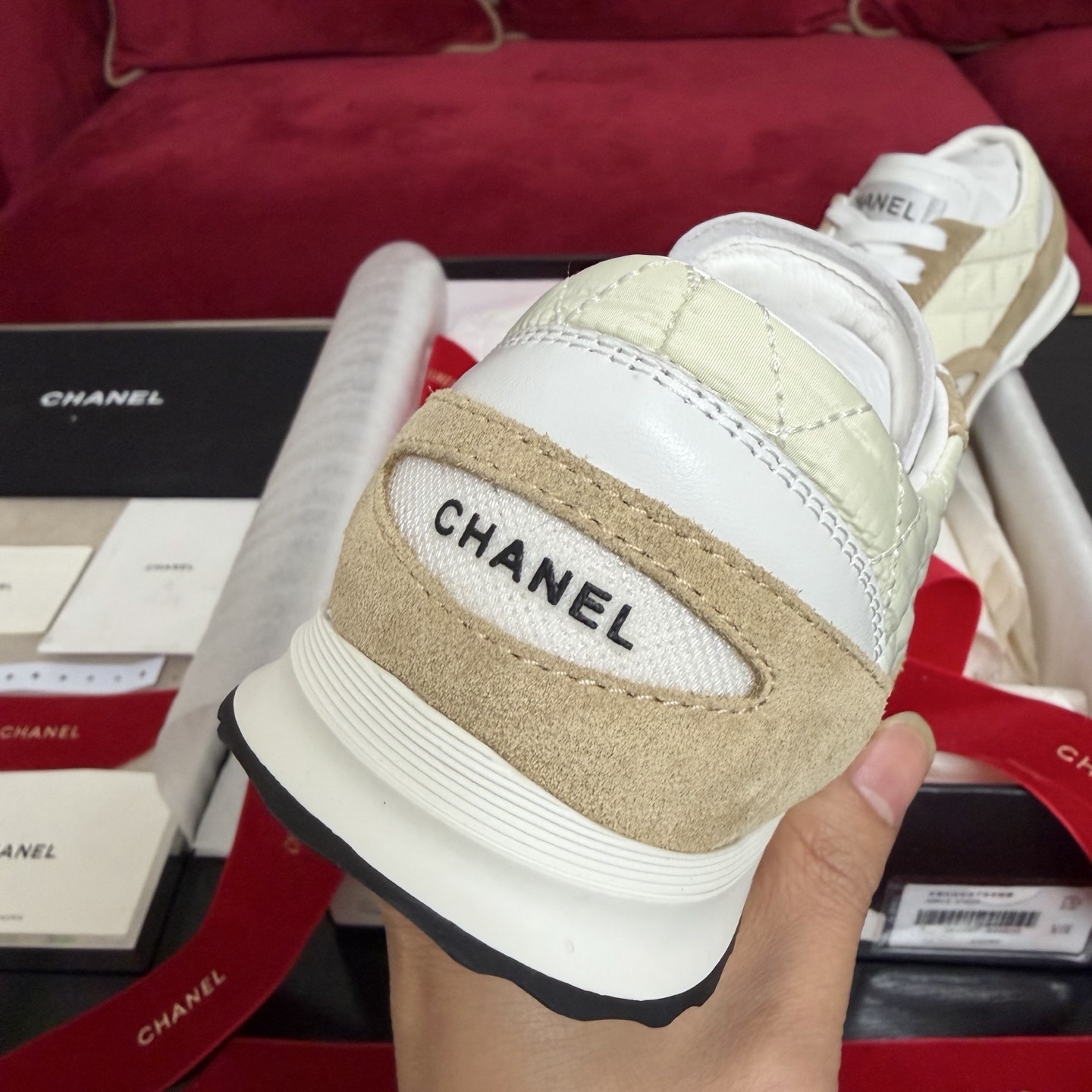 Pair of Chanel quilted fabric and suede sneakers in beige and cream color with original box and red ribbon - Hình 8