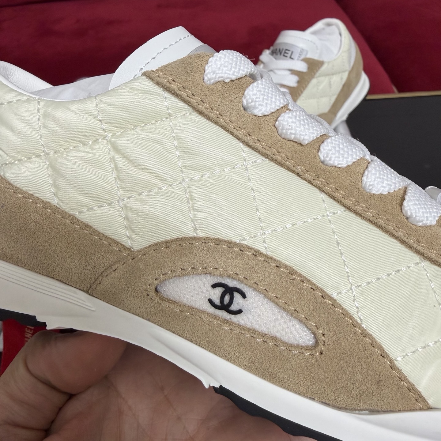 Pair of Chanel quilted fabric and suede sneakers in beige and cream color with original box and red ribbon - Hình 7