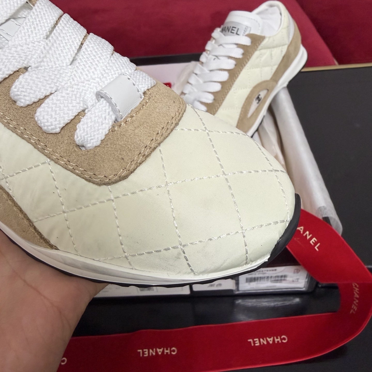Pair of Chanel quilted fabric and suede sneakers in beige and cream color with original box and red ribbon - Hình 6