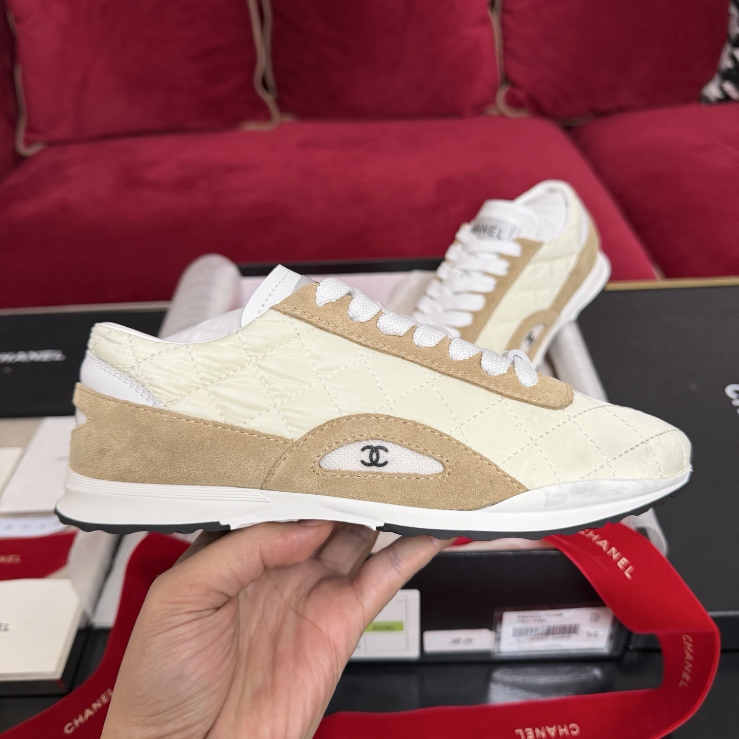 Pair of Chanel quilted fabric and suede sneakers in beige and cream color with original box and red ribbon - Hình 5