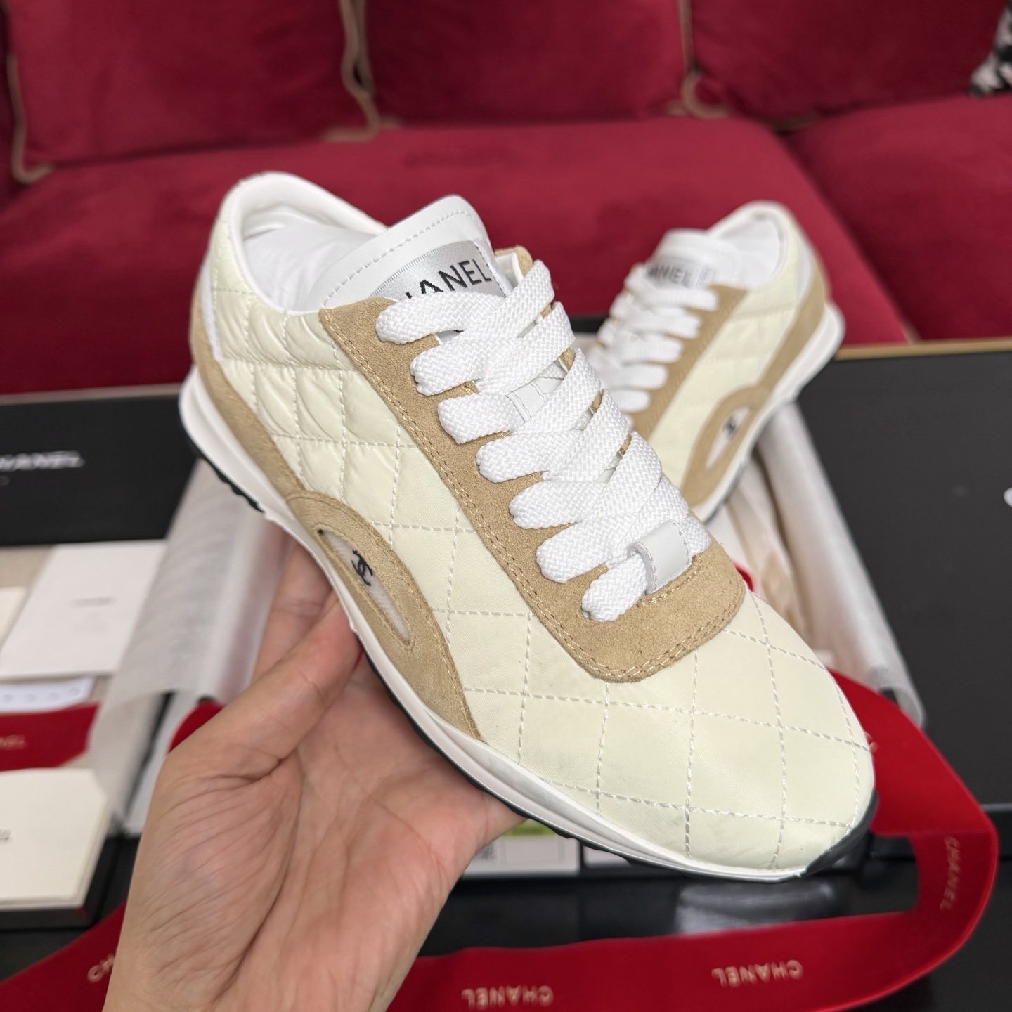 Pair of Chanel quilted fabric and suede sneakers in beige and cream color with original box and red ribbon - Hình 4