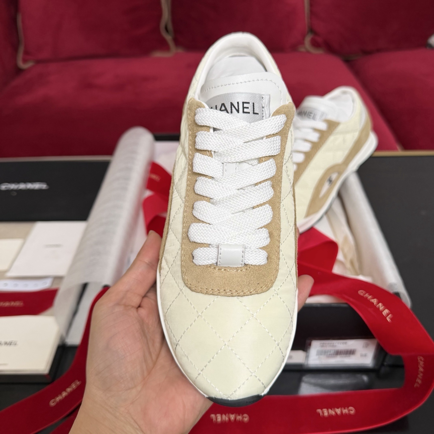 Pair of Chanel quilted fabric and suede sneakers in beige and cream color with original box and red ribbon - Hình 3
