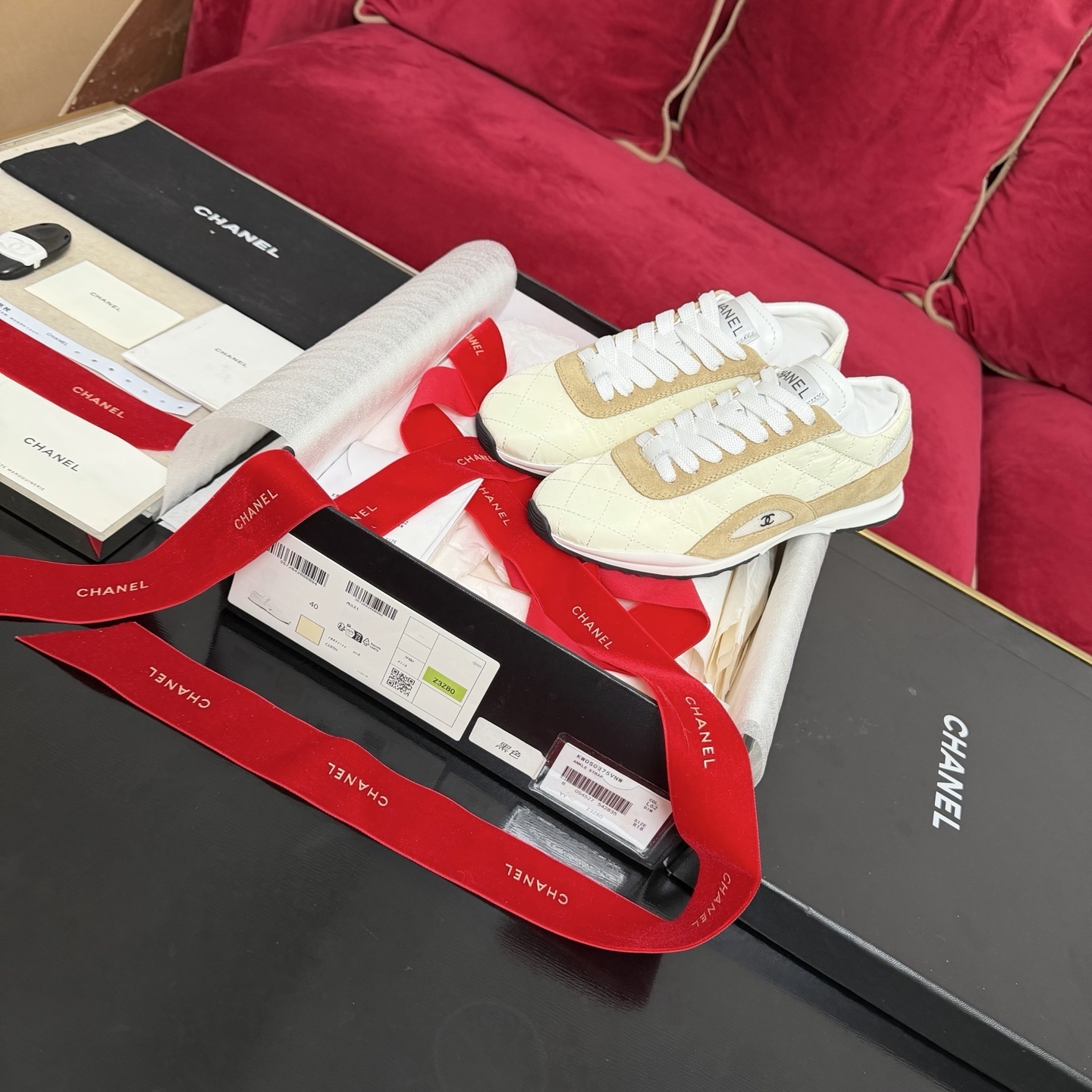 Chanel Quilted Fabric & Beige Suede Luxury Low-Top Sneakers