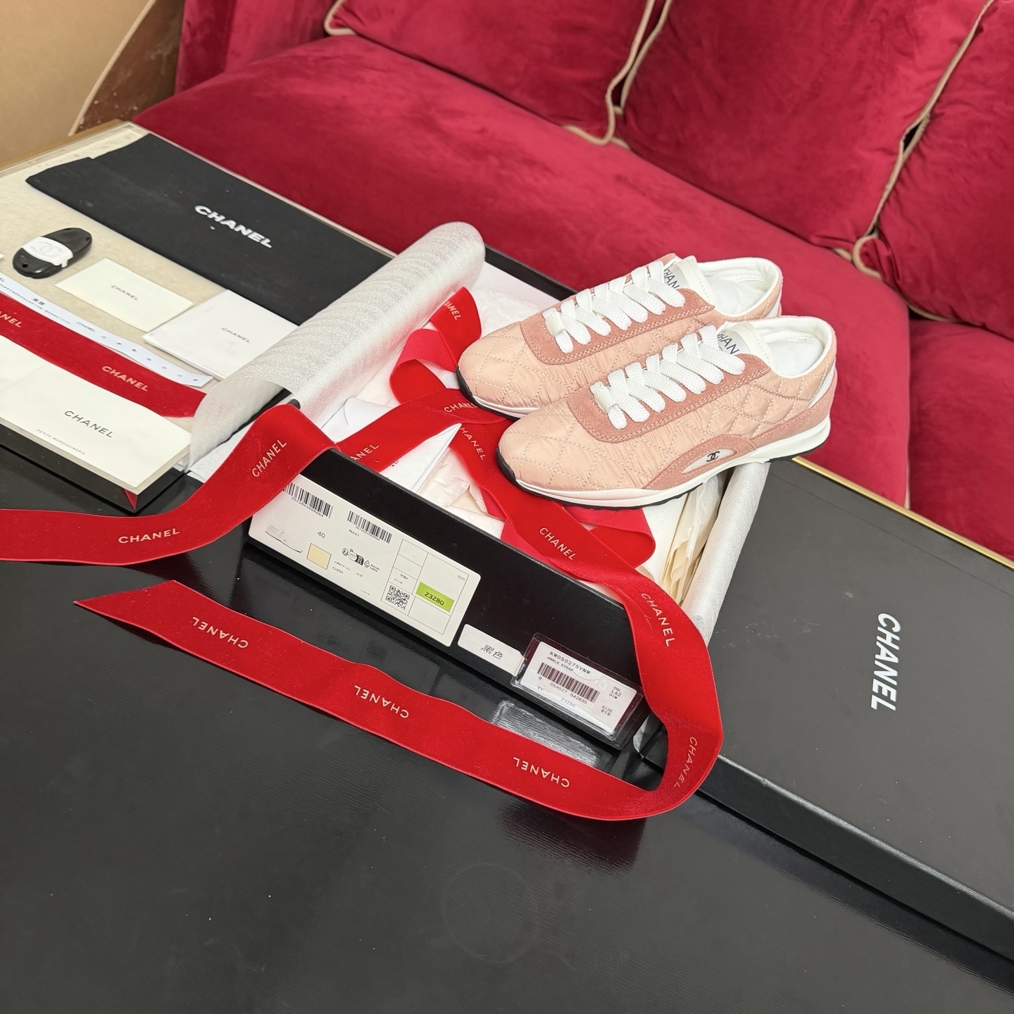 Chanel Pink Quilted Fabric and Suede Low-Top Sneakers