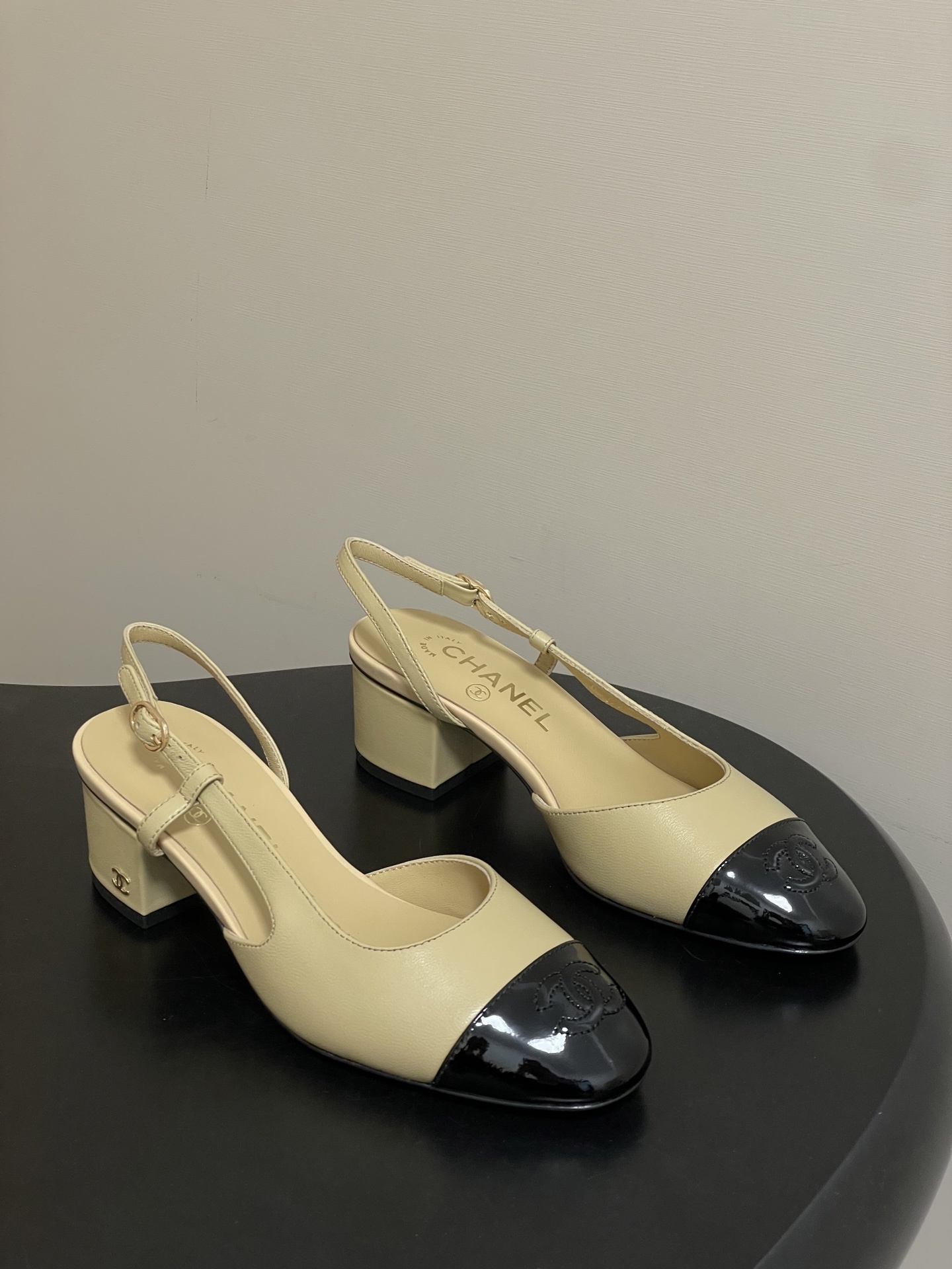 Chanel Beige & Black Leather Slingback Pumps with Block Heel