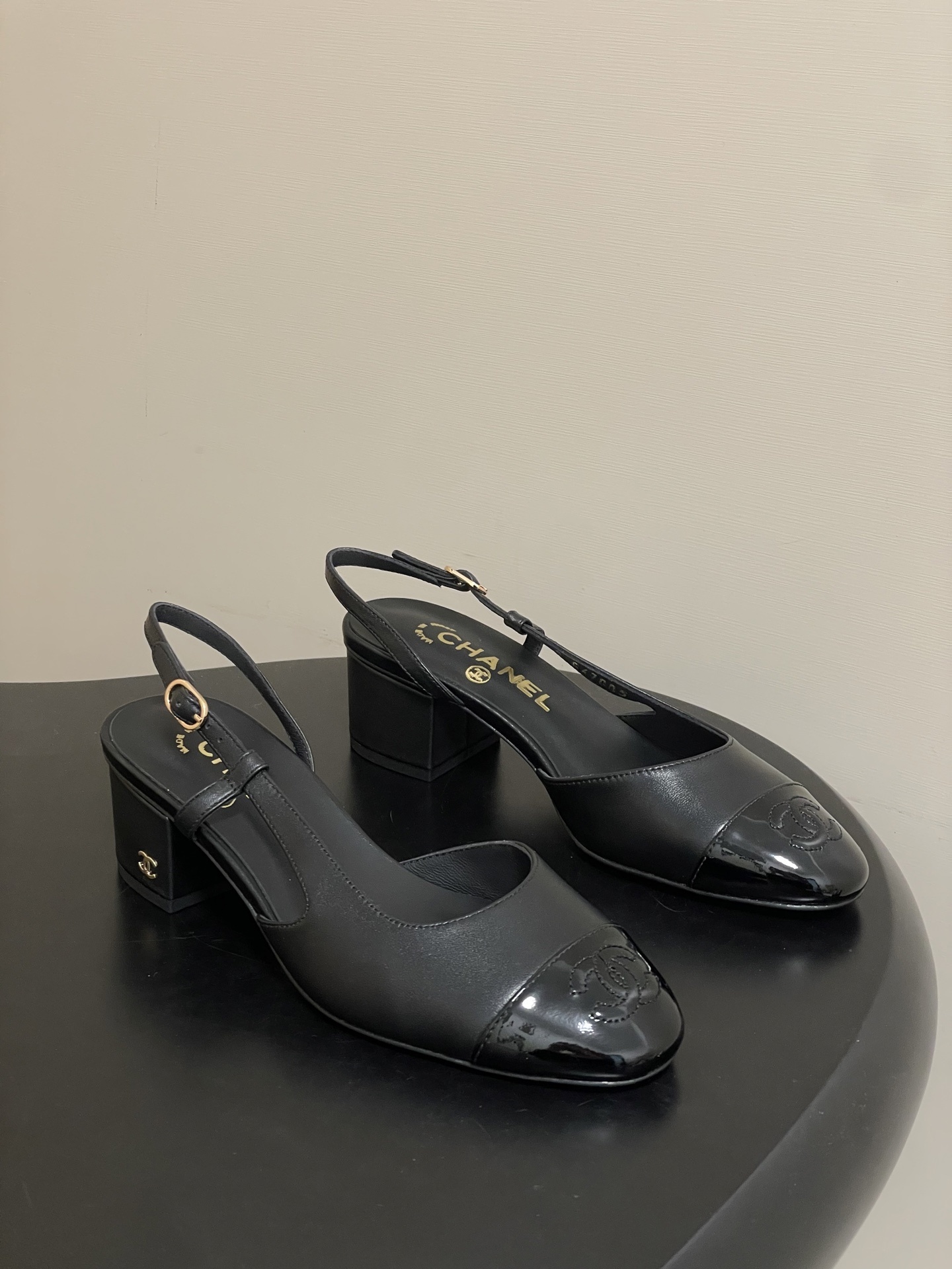 Chanel Classic Black Slingback Heels with Patent Toe & Gold CC Logo