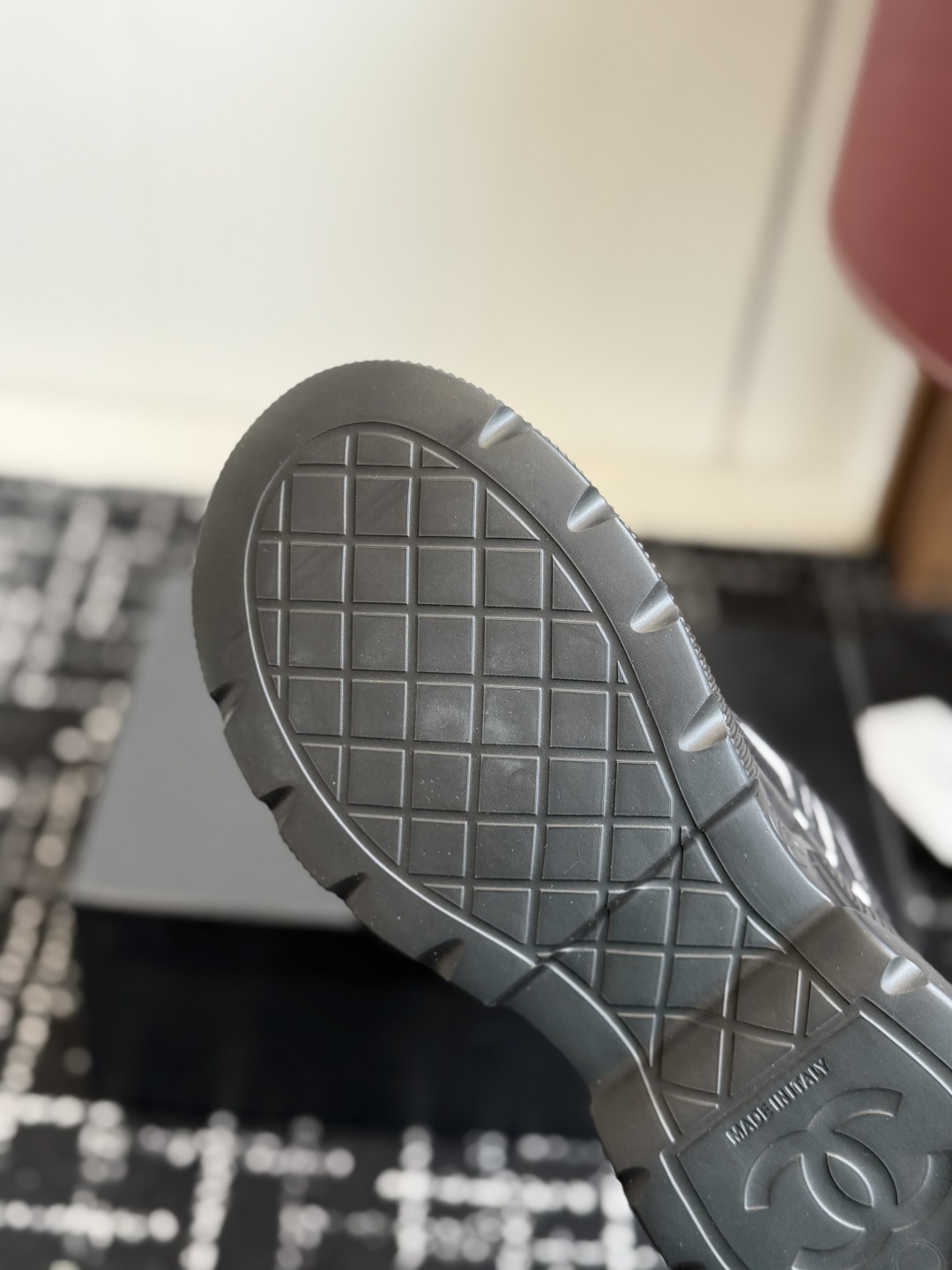 Pair of Chanel black and white mesh sneakers with chunky soles and interlocking CC logo on the toe cap. - Hình 9