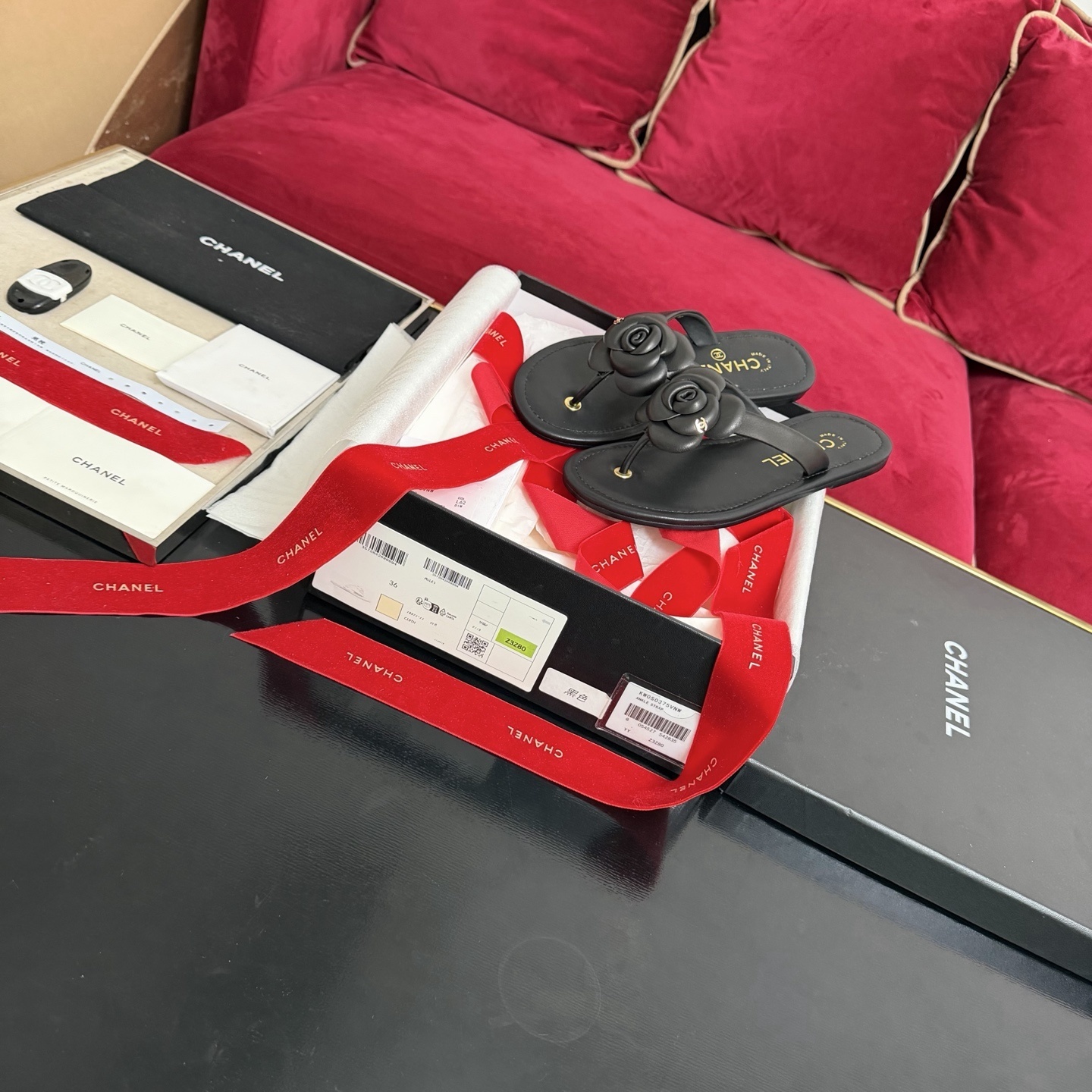 Chanel Camellia Black Leather Thong Sandals with Gold CC Logo