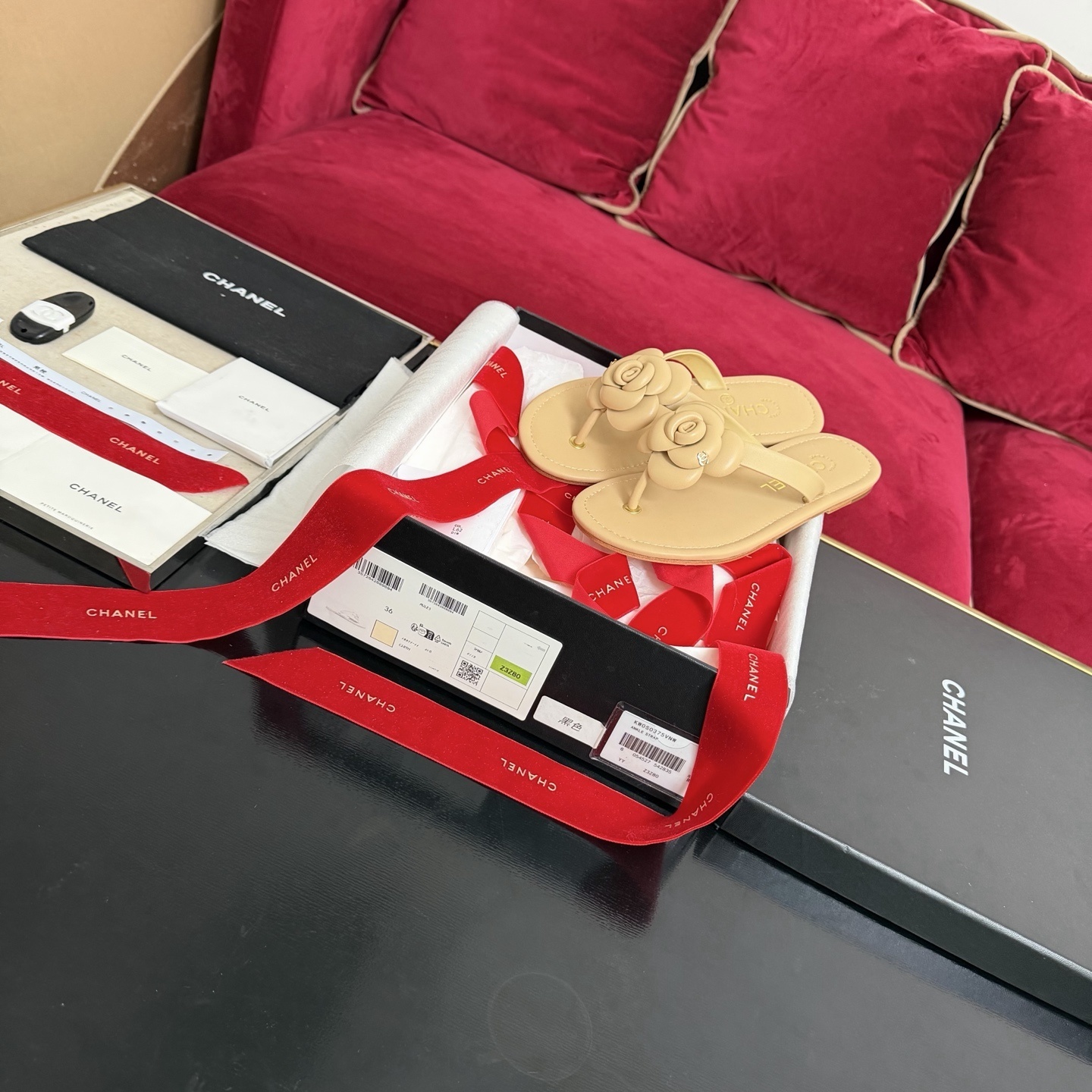 Chanel Beige Lambskin Camellia Flower Thong Sandals