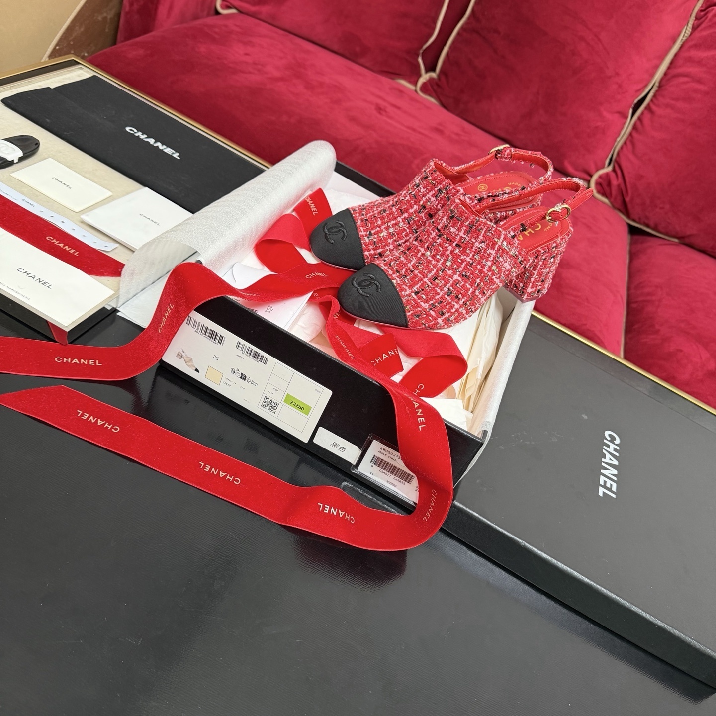 Chanel Red Tweed Slingback Pumps with Black Cap Toe CC Logo