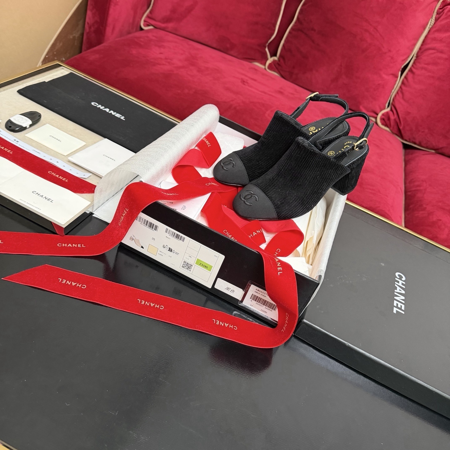 Chanel Black Corduroy Slingback Block Heel Mules with CC Logo