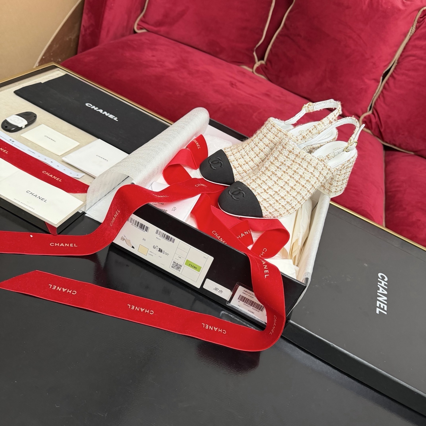 Chanel Luxury Tweed Slingback Pumps with CC Logo Cap Toe