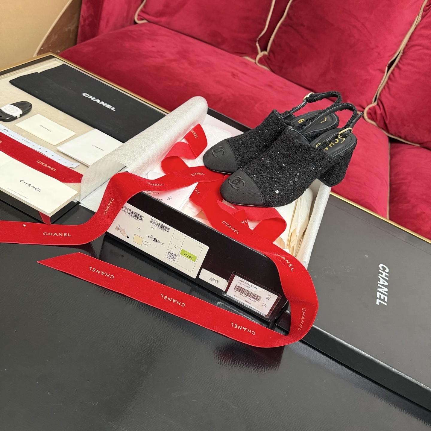 Chanel Black Tweed & Sequin Slingback Pumps with CC Logo Block Heel