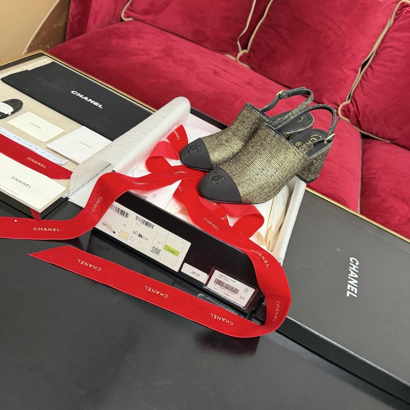 Chanel Luxury Gold Tweed Slingback Heels with Black Cap Toe