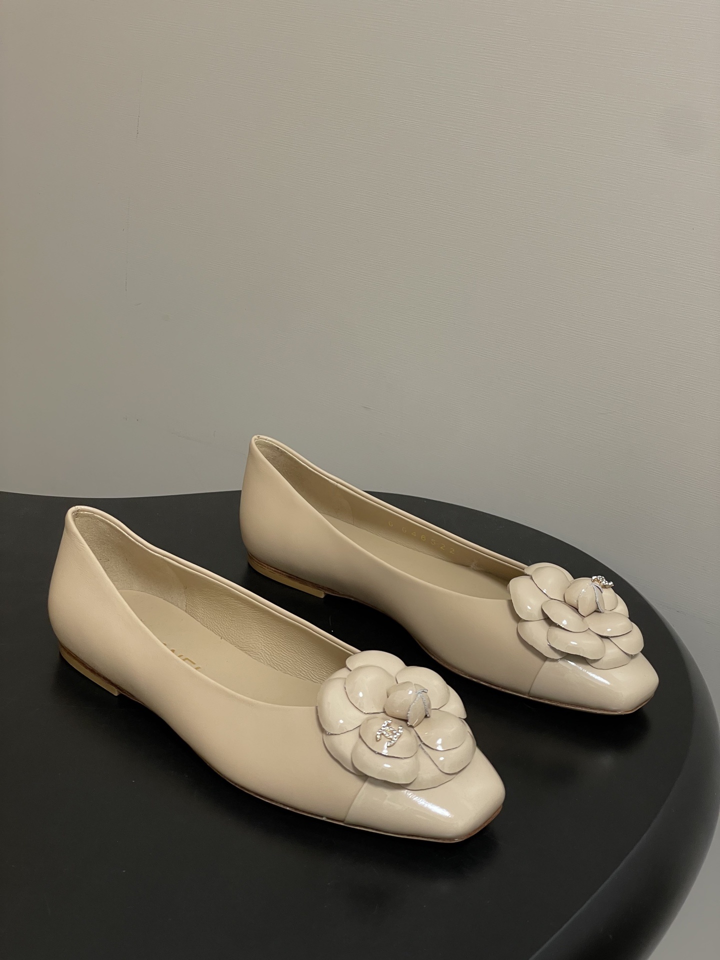 Chanel Beige Leather Camellia Ballet Flats with Square Toe