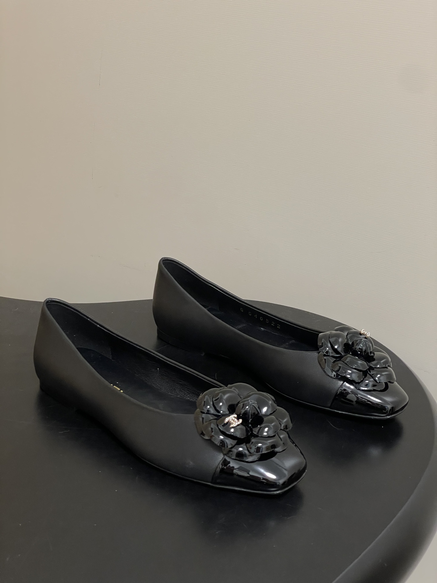 Chanel Camellia Black Leather Ballet Flats with Patent Toe Cap