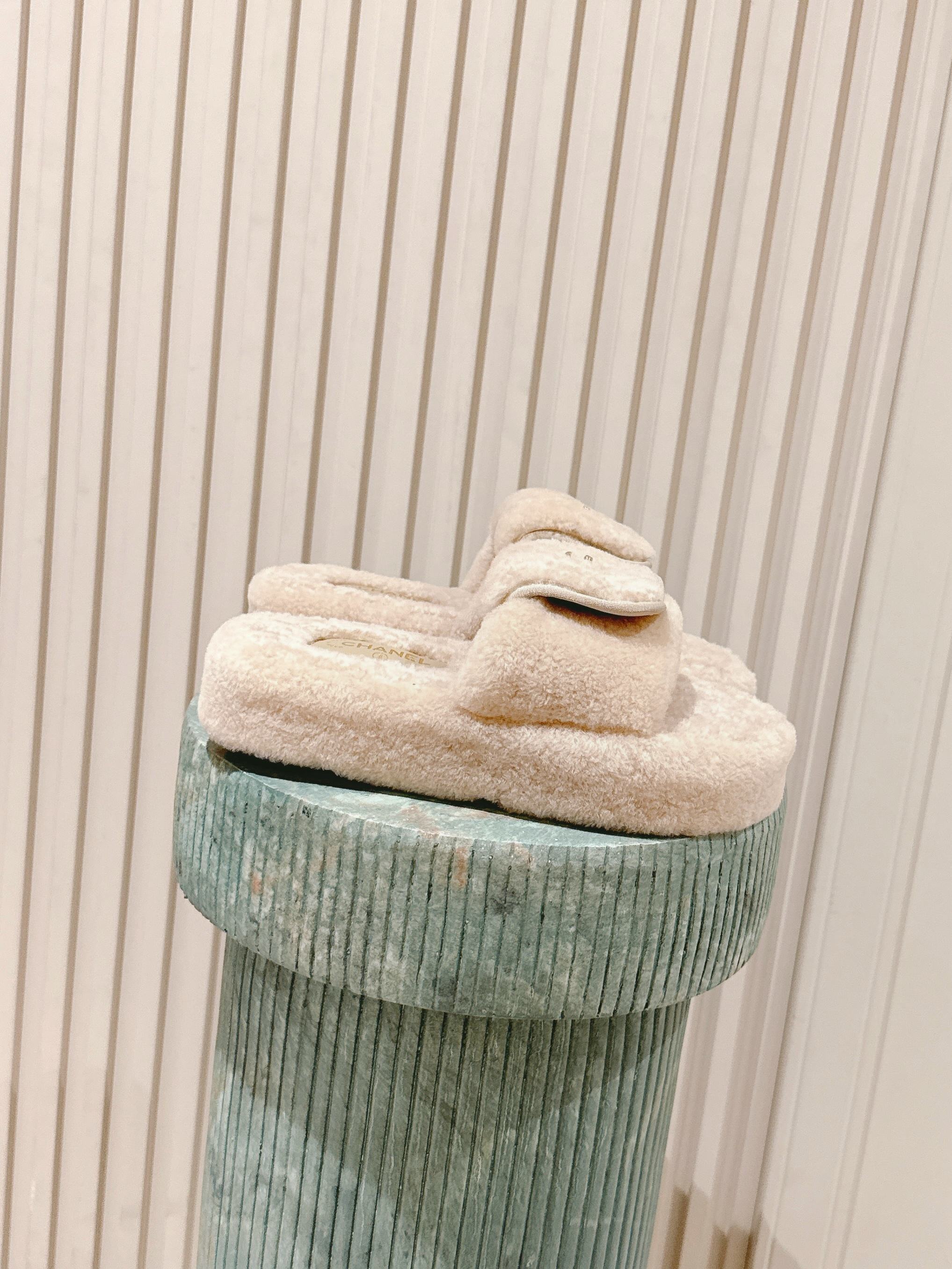 Luxury Beige Shearling Platform Slides with Gold CC Logo