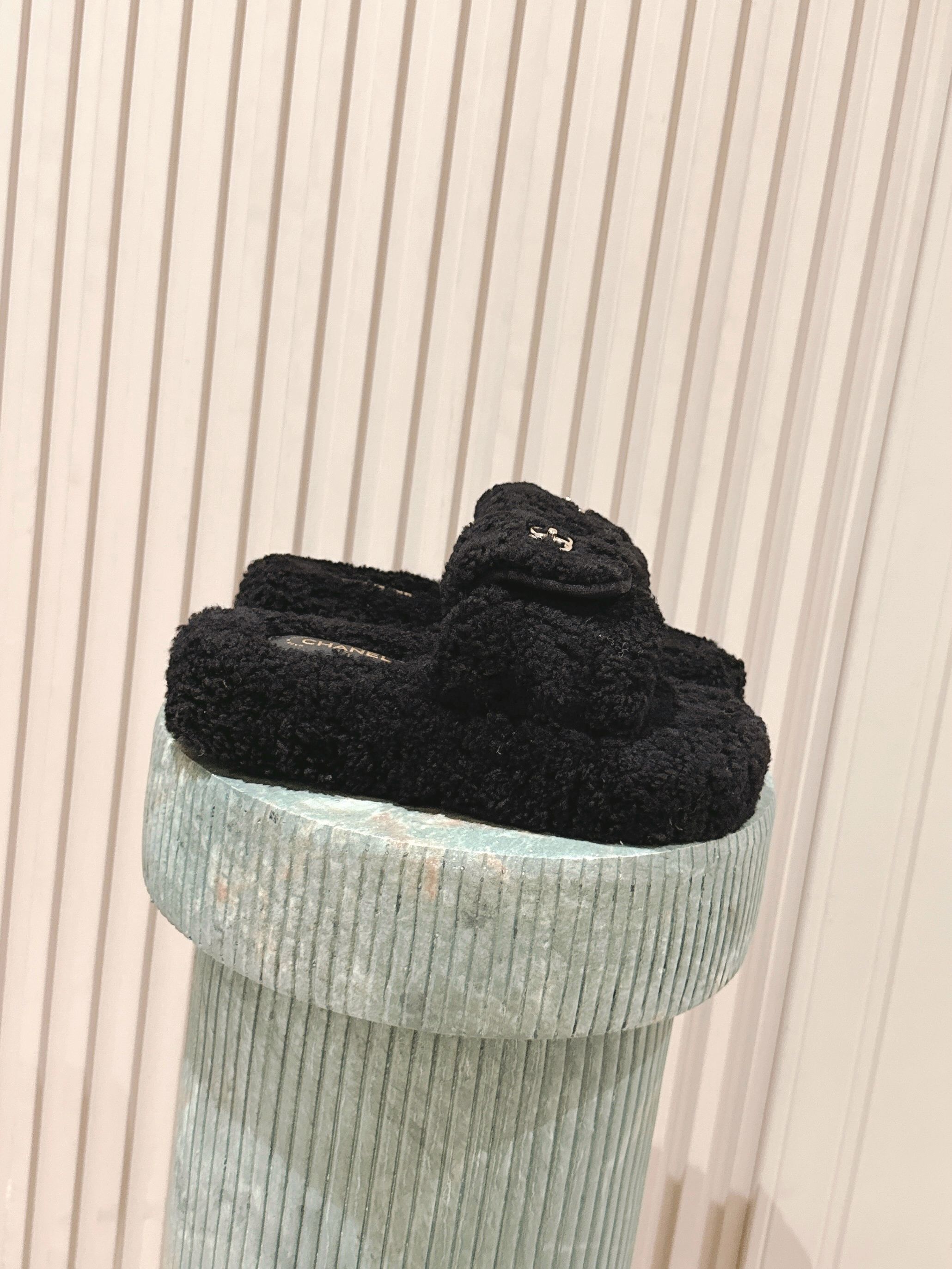 Chanel Black Shearling Fuzzy Slides with Gold CC Logo