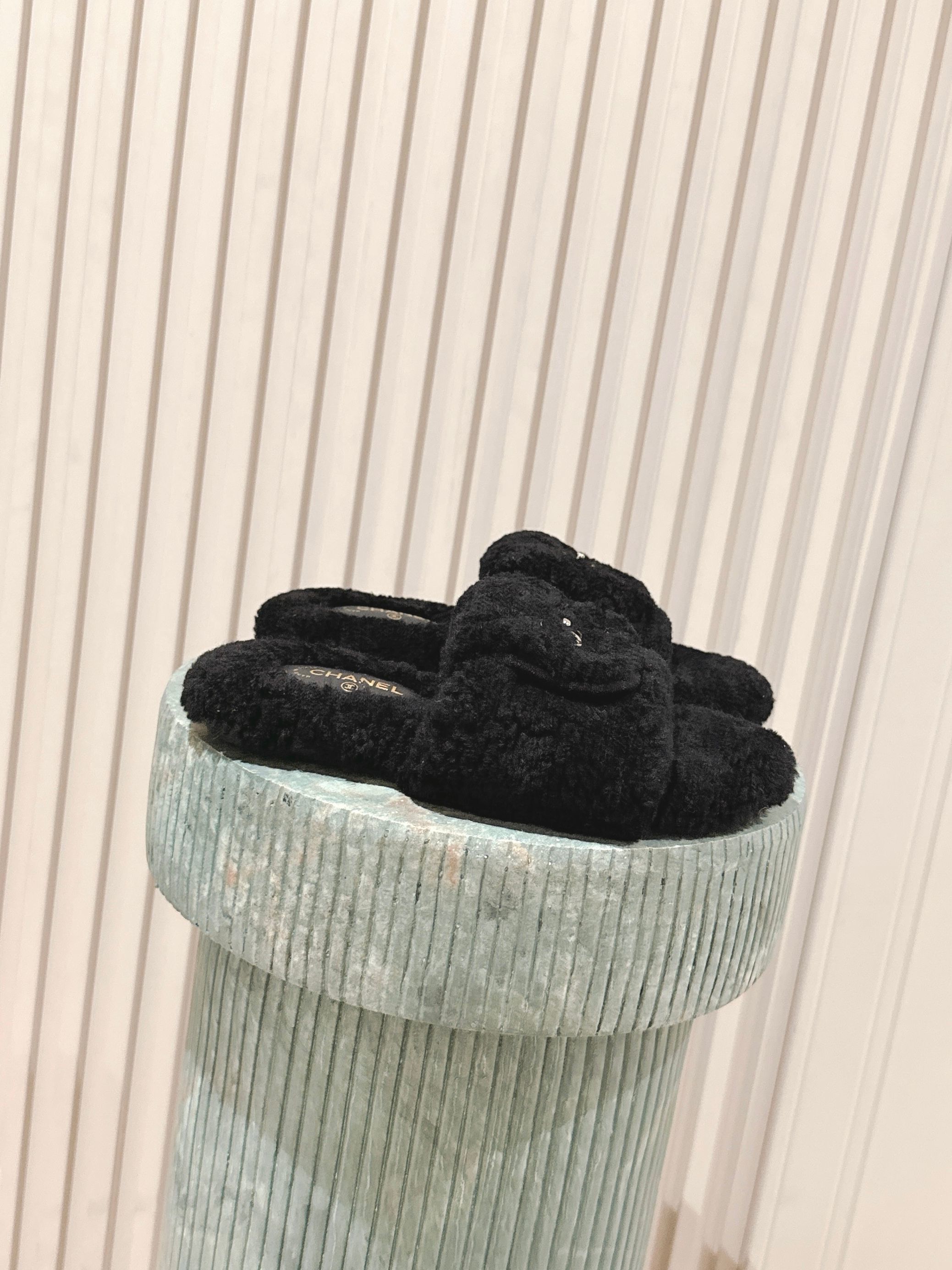 Chanel Luxury Black Shearling Slides with CC Logo Buckle