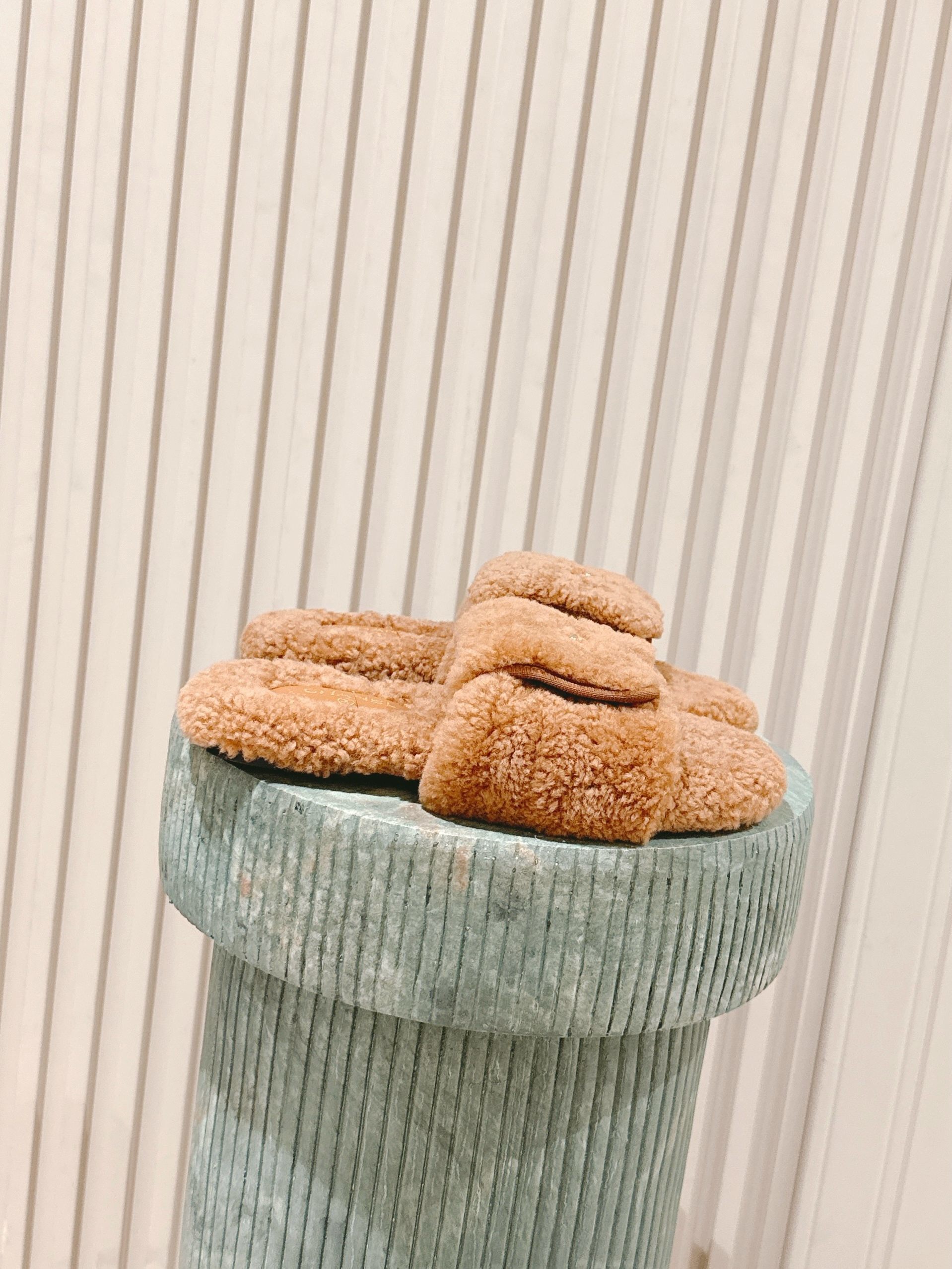 Chanel Luxury Camel Shearling Slides with Gold CC Logo Sandals