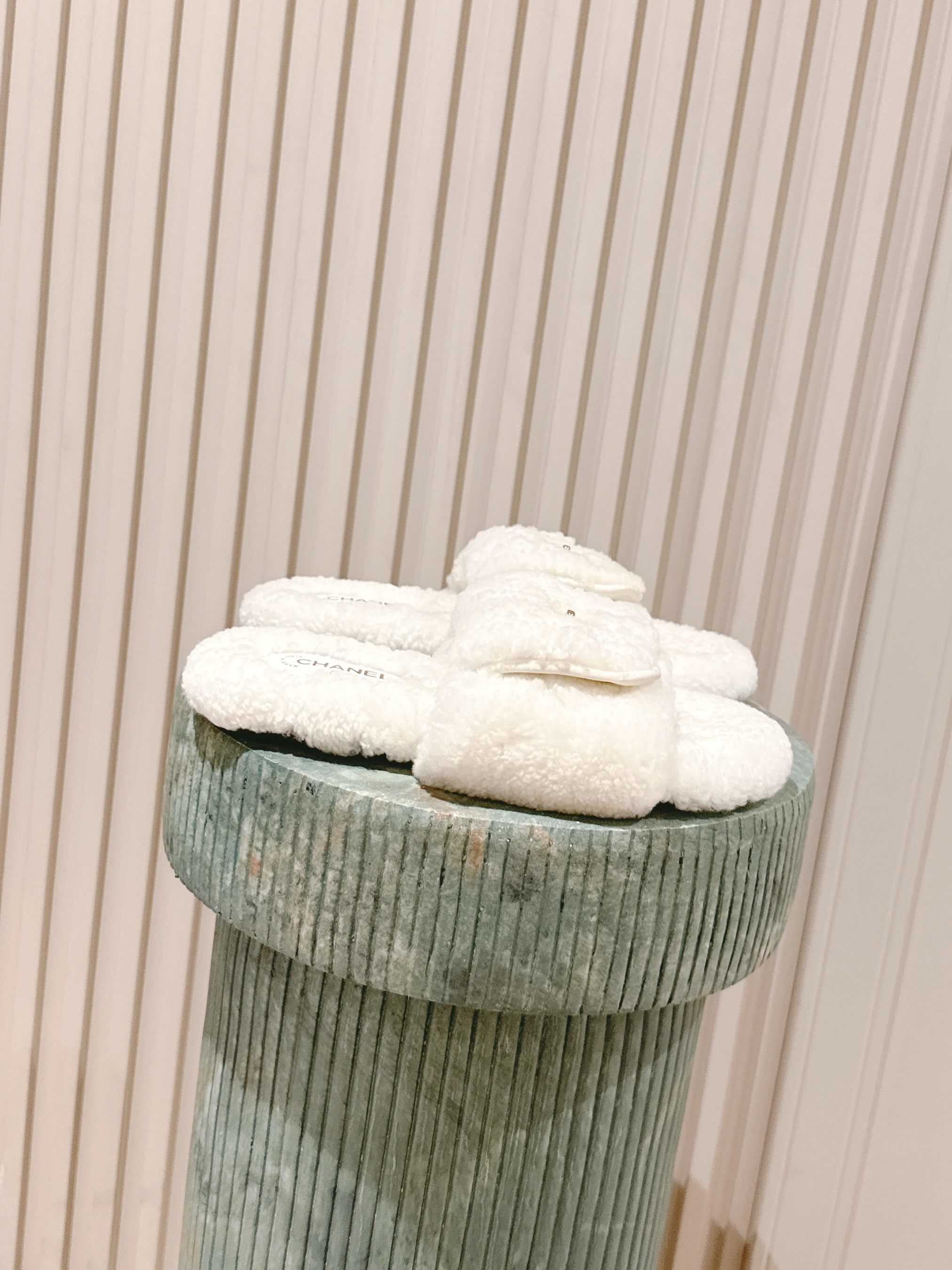 Luxury White Shearling Plush Slides with Gold Logo Detail