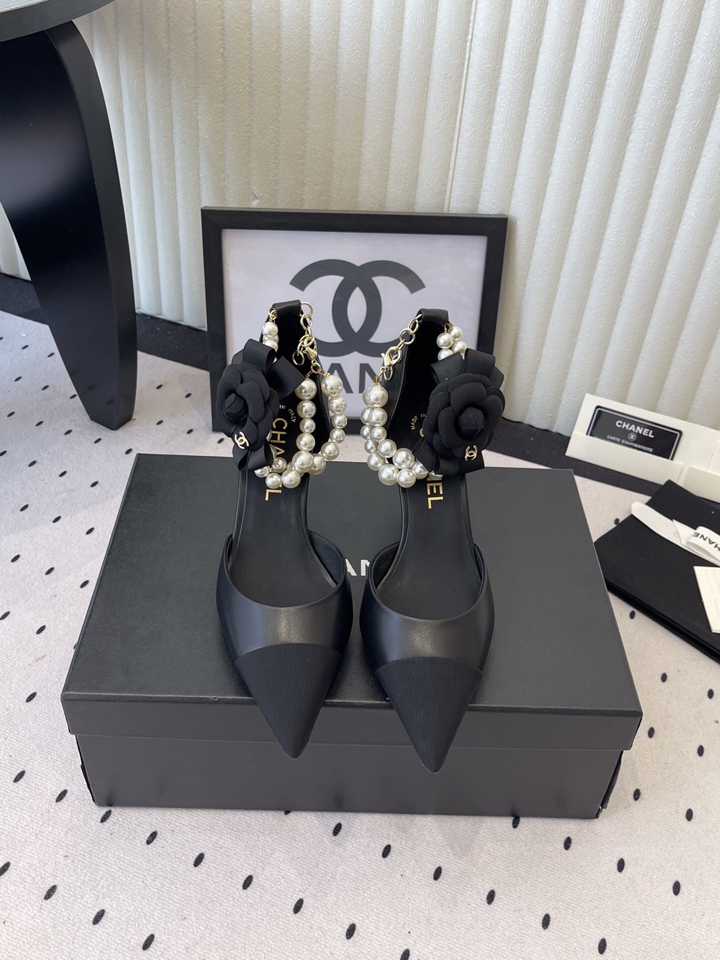 Chanel Black Leather Pumps with Camellia Flower and Pearl Chain
