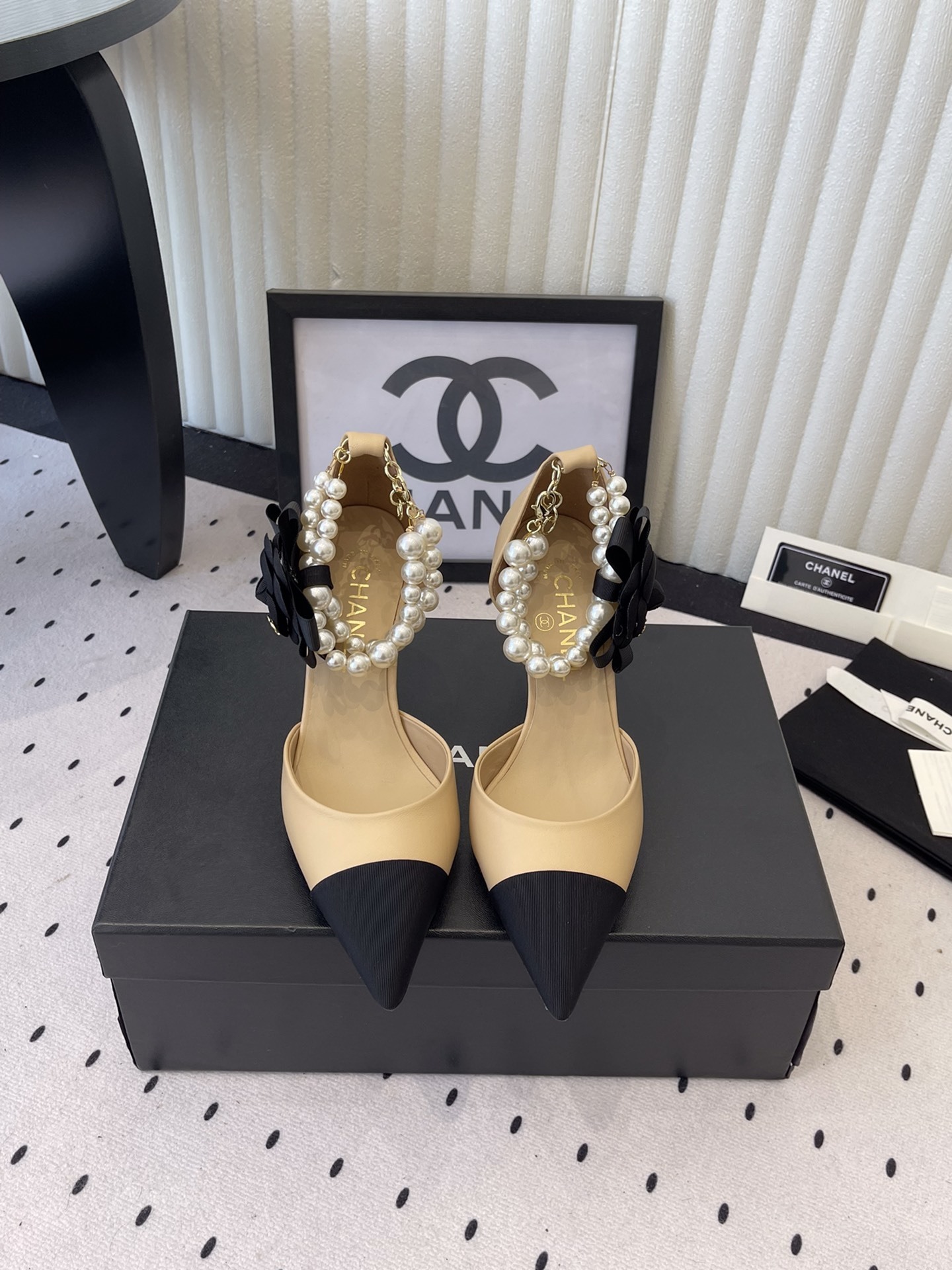 Chanel Two-Tone Beige & Black Pearl Camellia Pumps