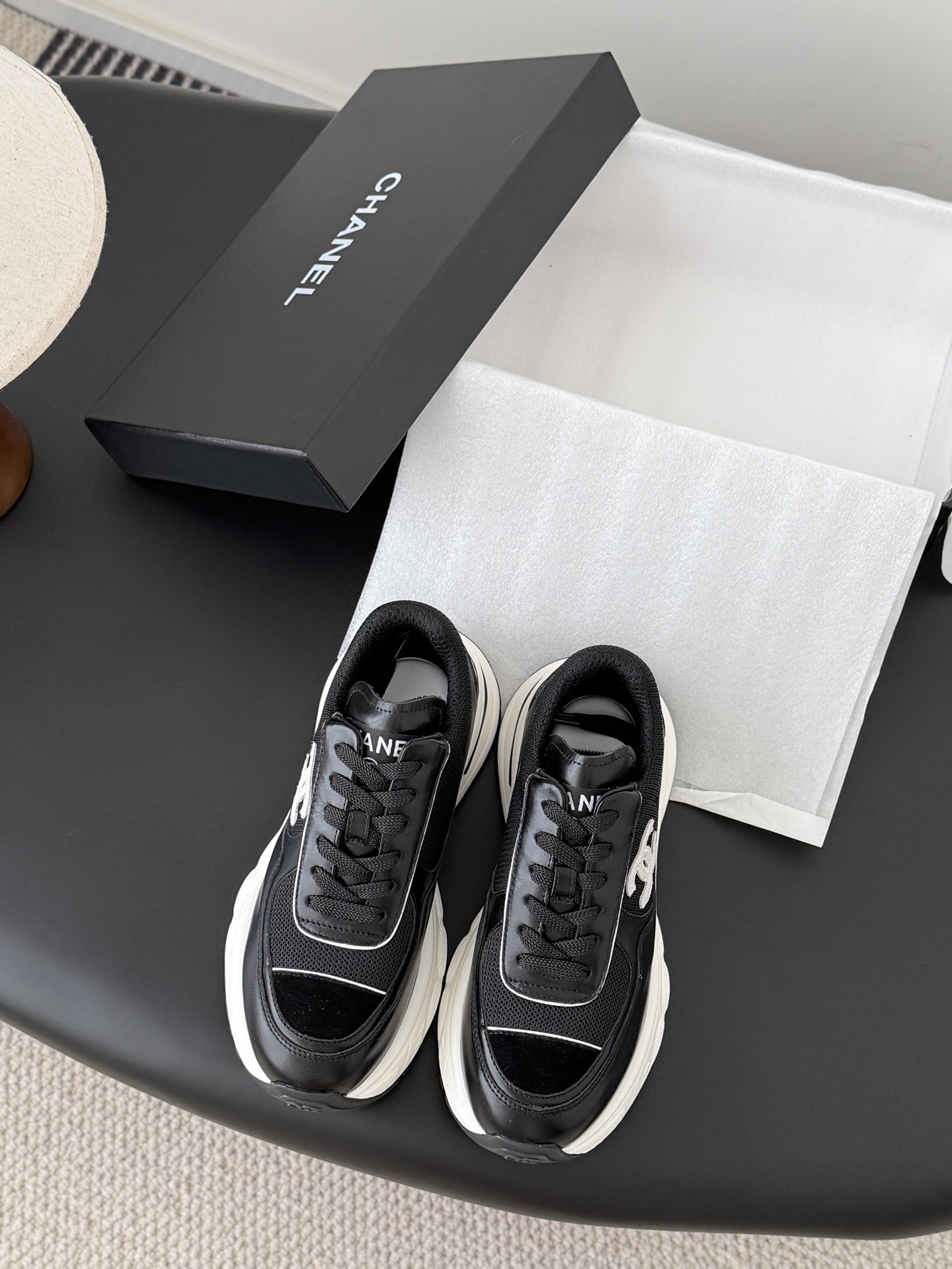 Luxury Black & White Mesh Leather Chunky Sneakers – Designer Style