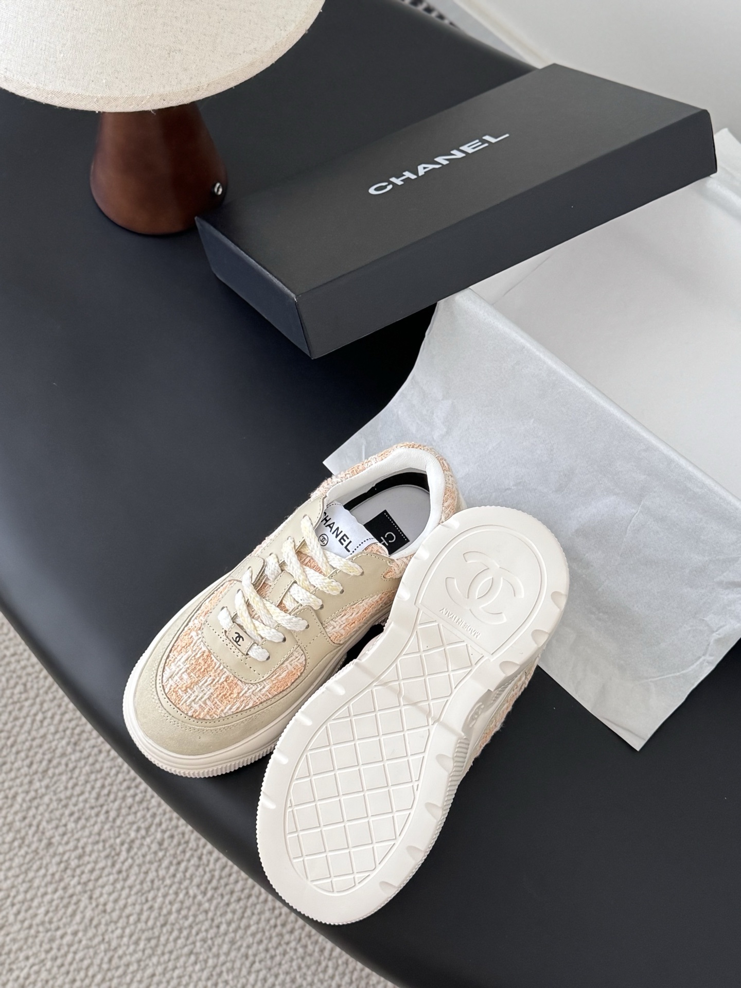 Luxury Chanel Tweed & Leather Chunky Sneakers in Peach Beige