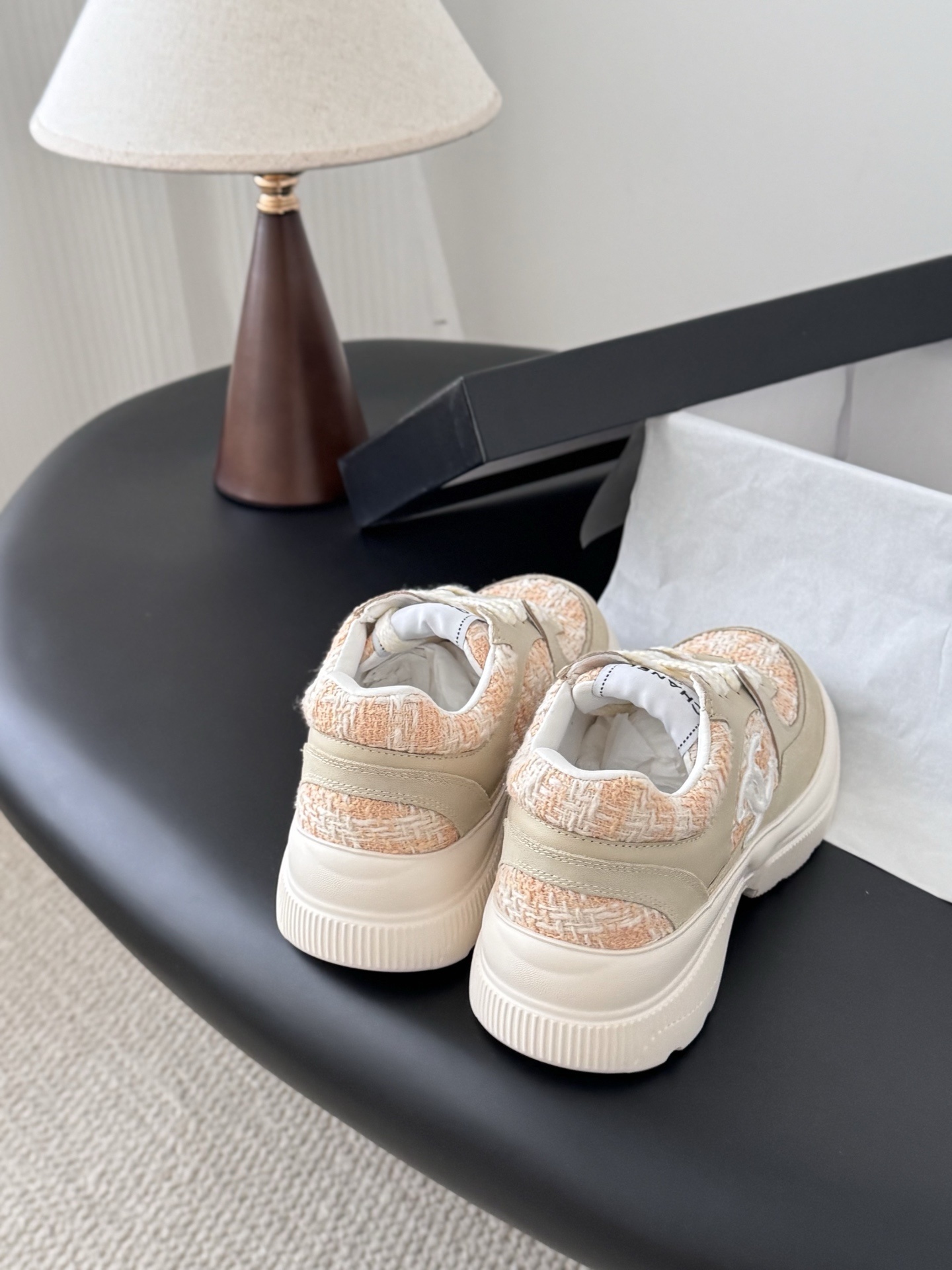 Luxury Chanel Tweed & Leather Chunky Sneakers in Peach Beige