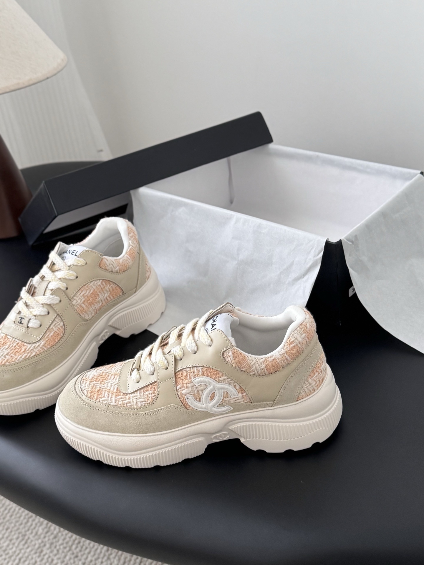 Luxury Chanel Tweed & Leather Chunky Sneakers in Peach Beige