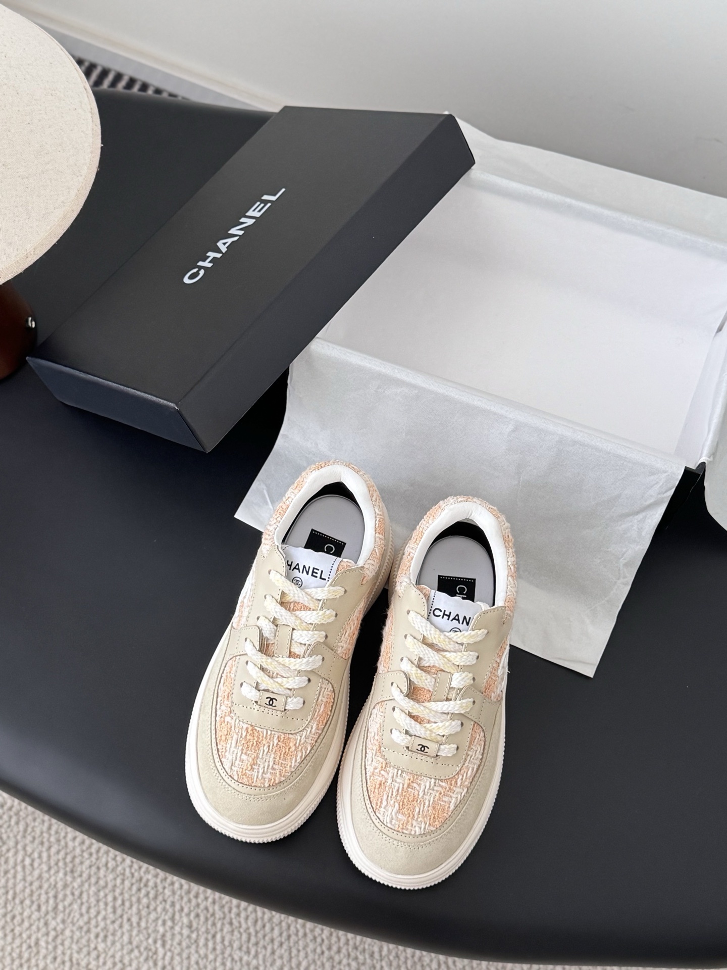 Luxury Chanel Tweed & Leather Chunky Sneakers in Peach Beige