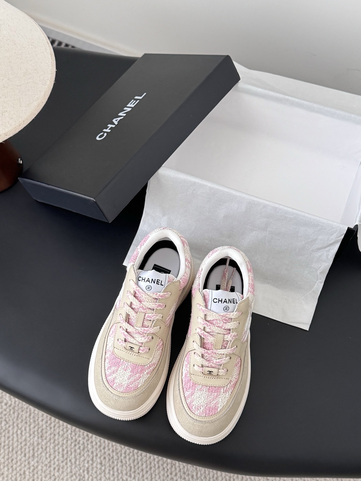 Chanel Pink Tweed & Beige Suede Women’s Sneakers – Luxury Designer
