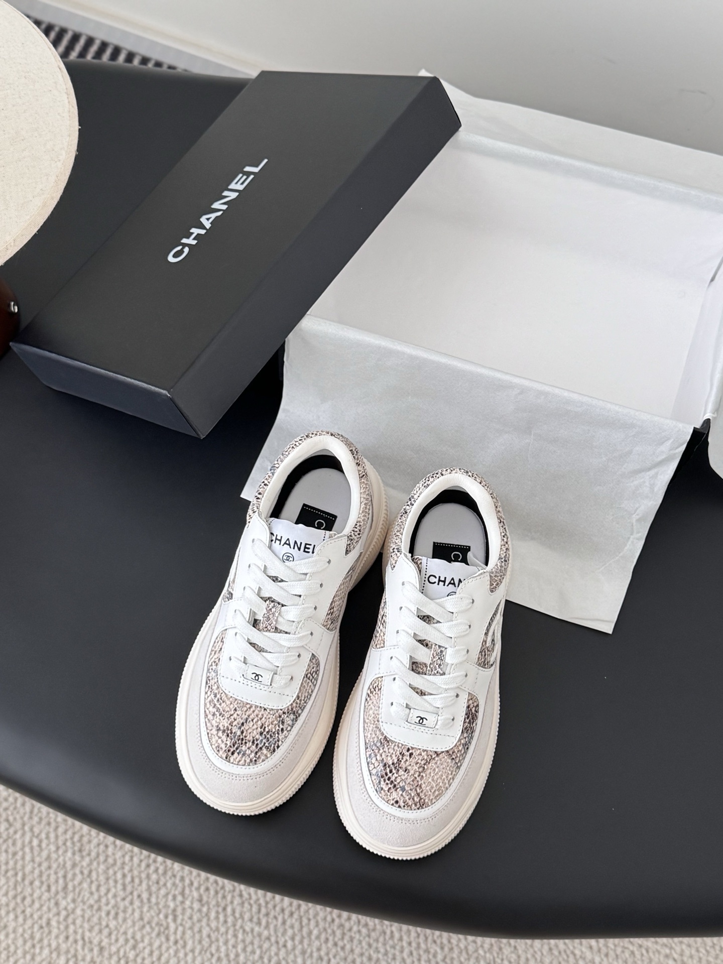 Chanel White Leather & Snakeskin Print Sneakers – Luxury Platform