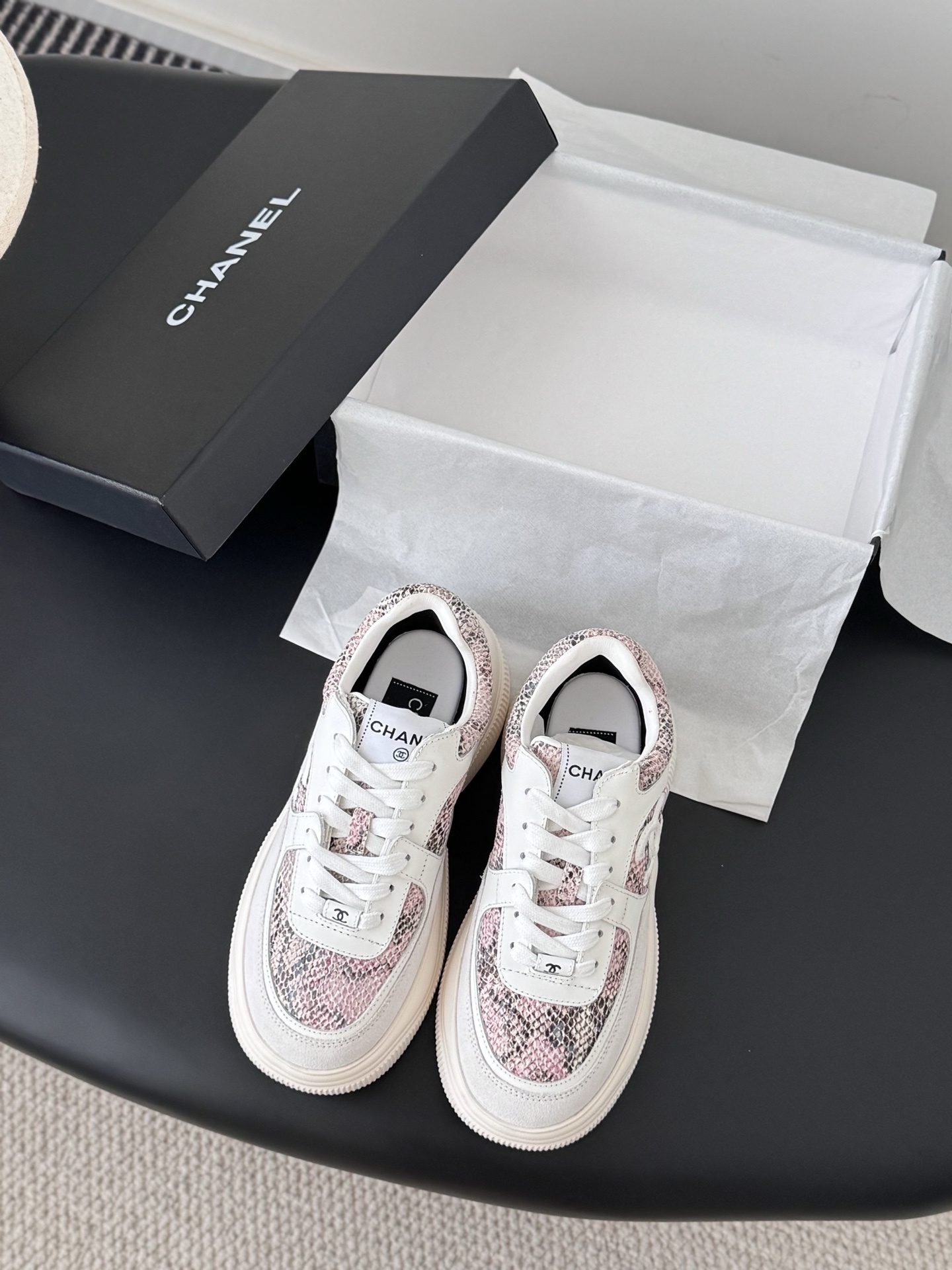 Chanel Luxury Pink Snakeskin Leather Sneakers with Chunky Sole