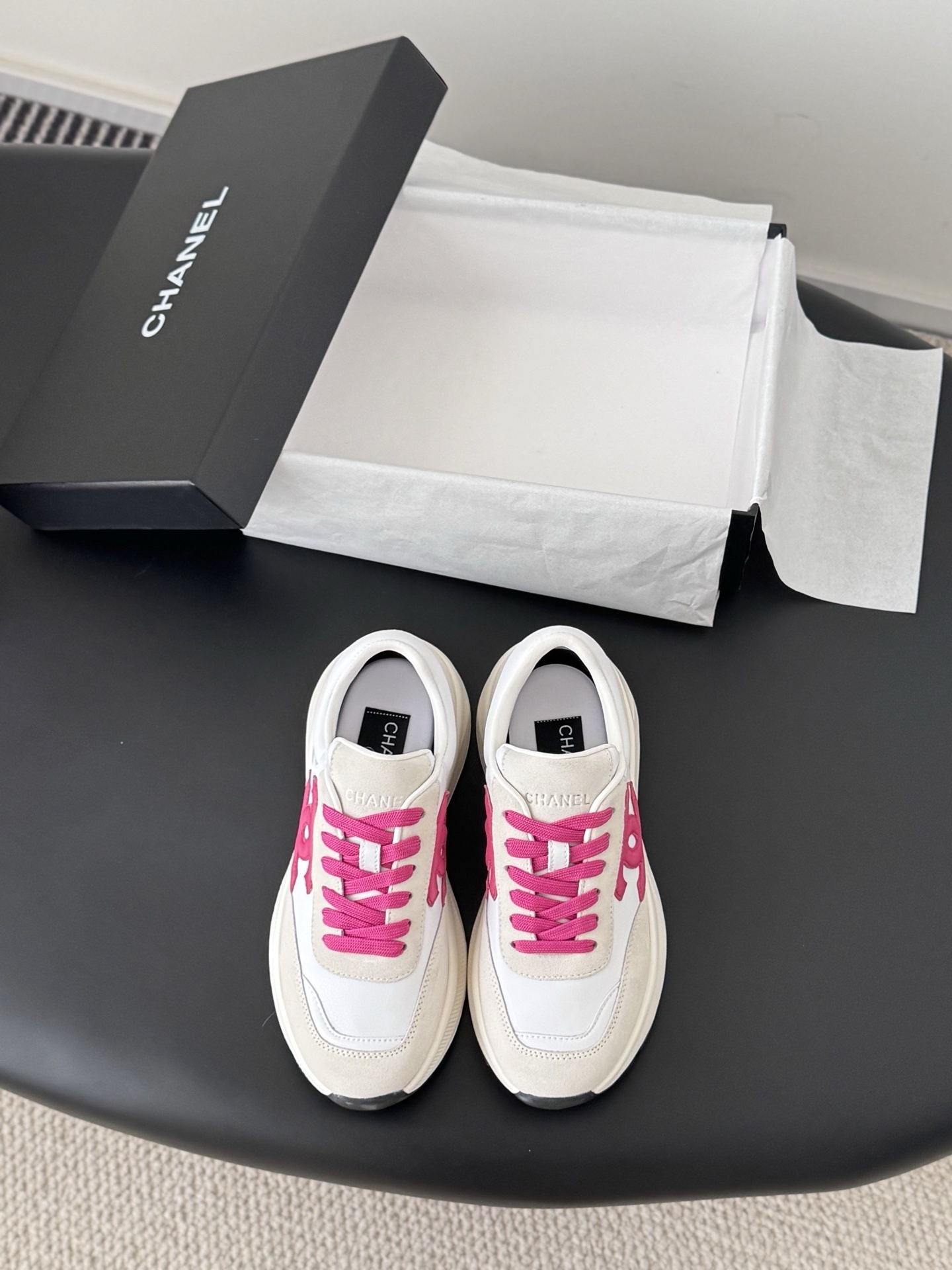 Chanel Women’s White & Pink CC Logo Leather Suede Platform Sneakers