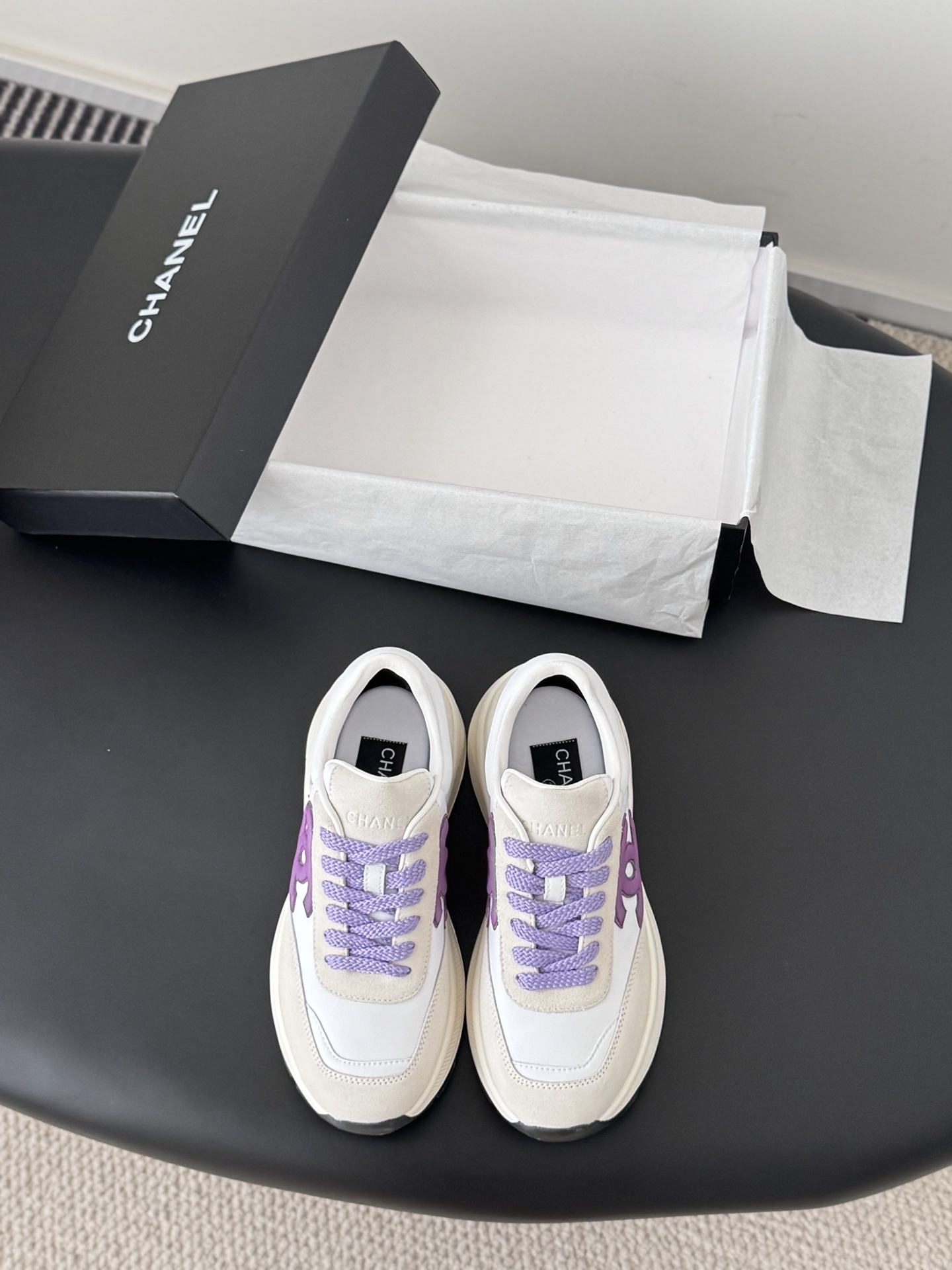 Chanel Women’s Chunky Sneakers in White with Purple CC Logo