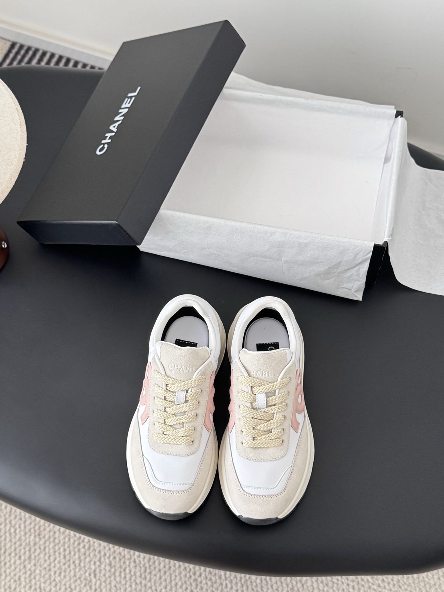 Chanel Women’s White & Pink Suede Sneakers with CC Logo