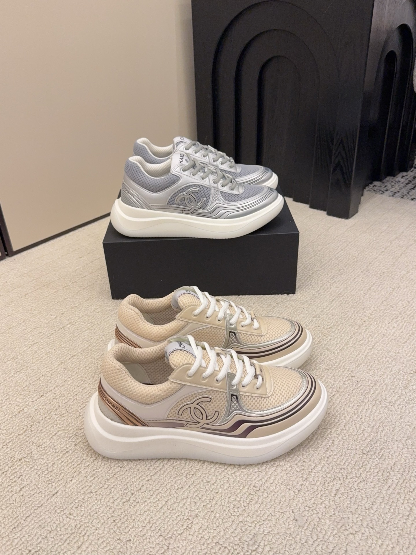 Chanel Luxury Mesh Trainers – Beige & Silver Designer Sneakers