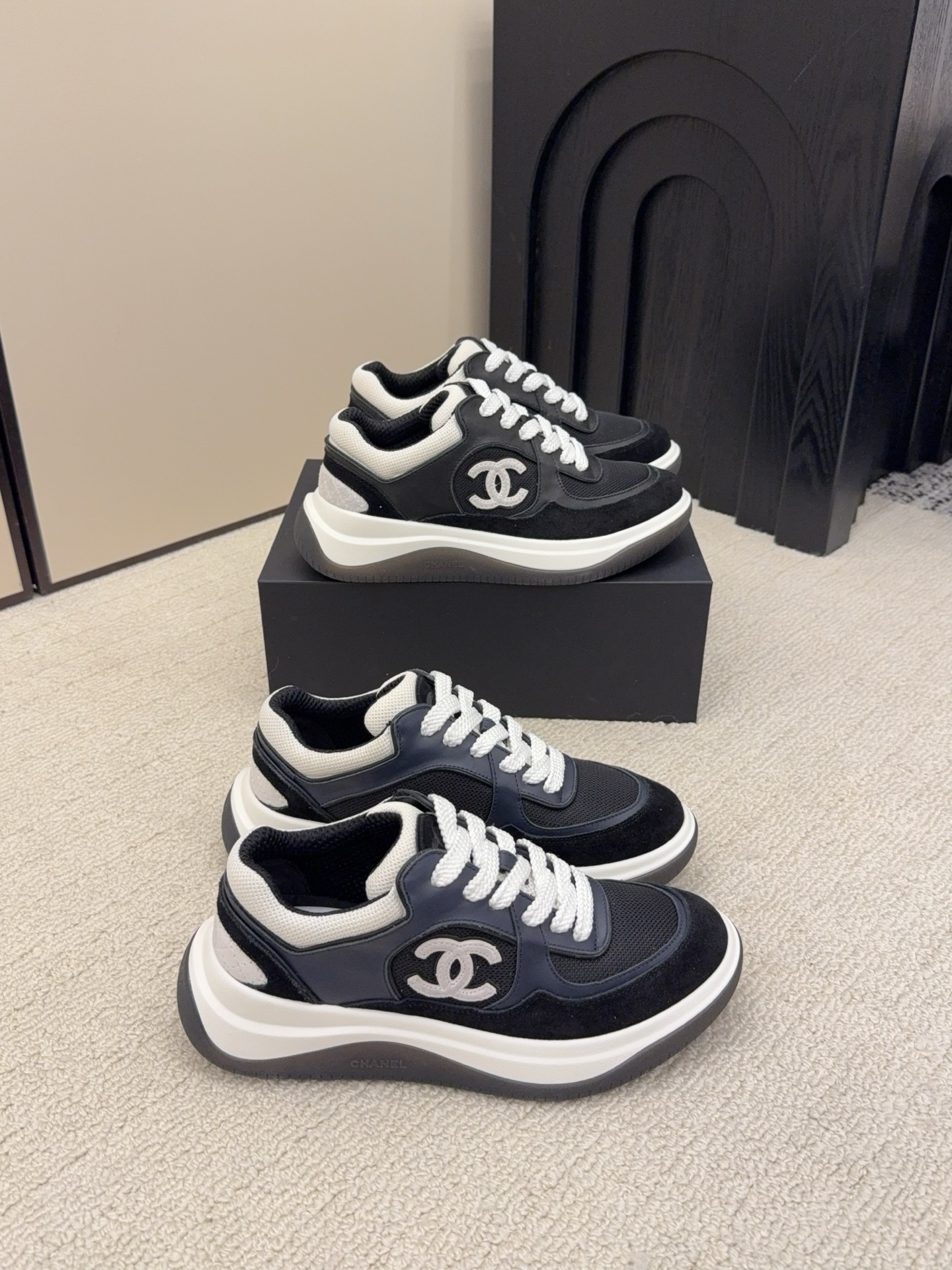 Chanel Women’s Black & White Luxury Leather Mesh Sneakers
