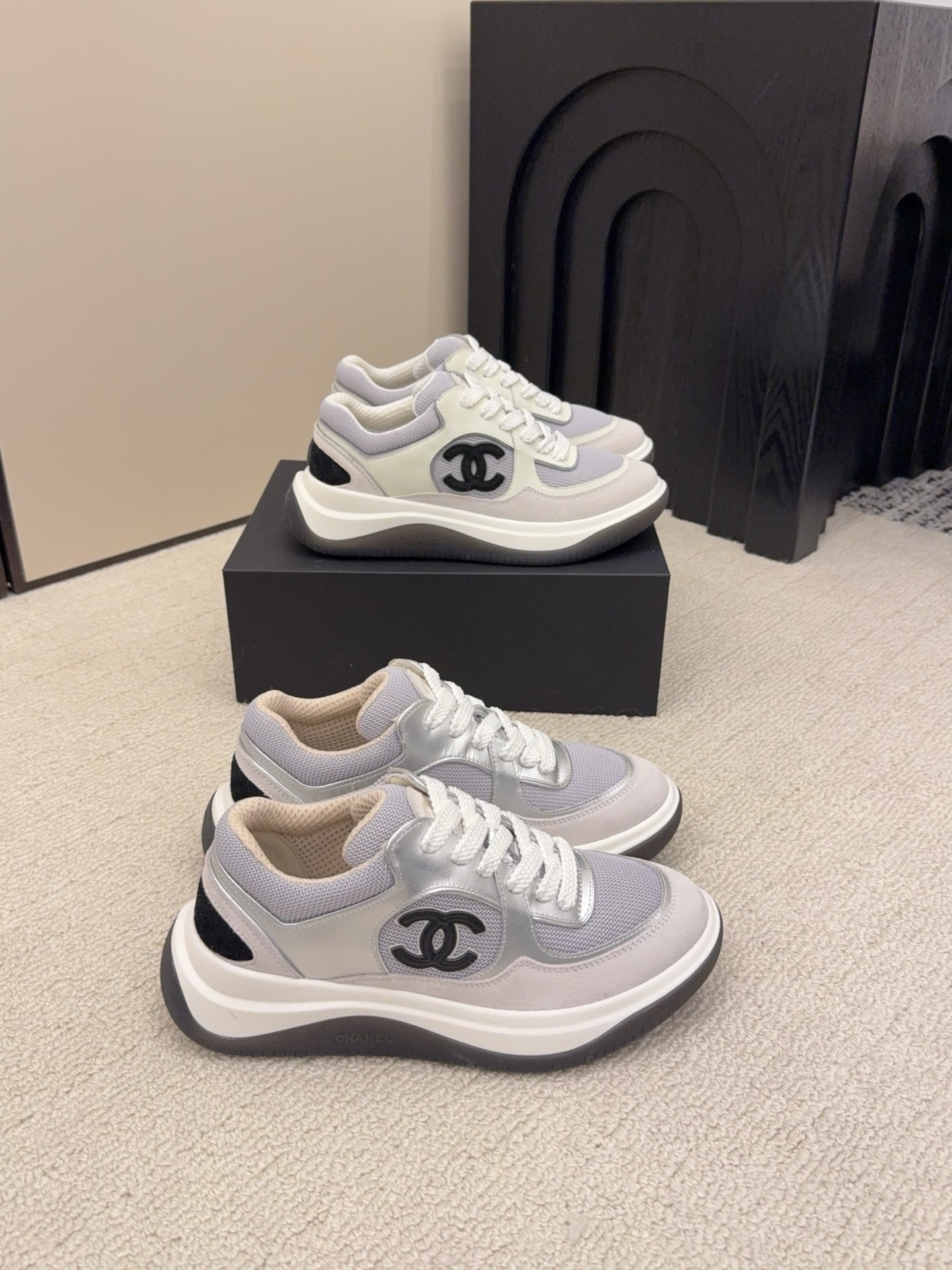 Chanel Luxury Mesh & Silver Suede Sneakers – Iconic CC Logo
