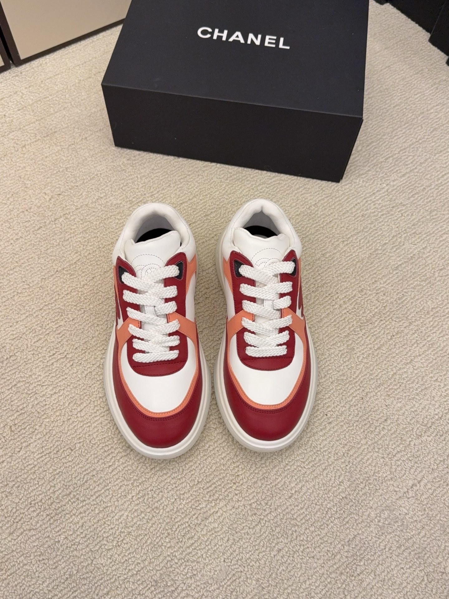 Luxury Chanel Leather Sneakers – Red, White & Orange Trainers