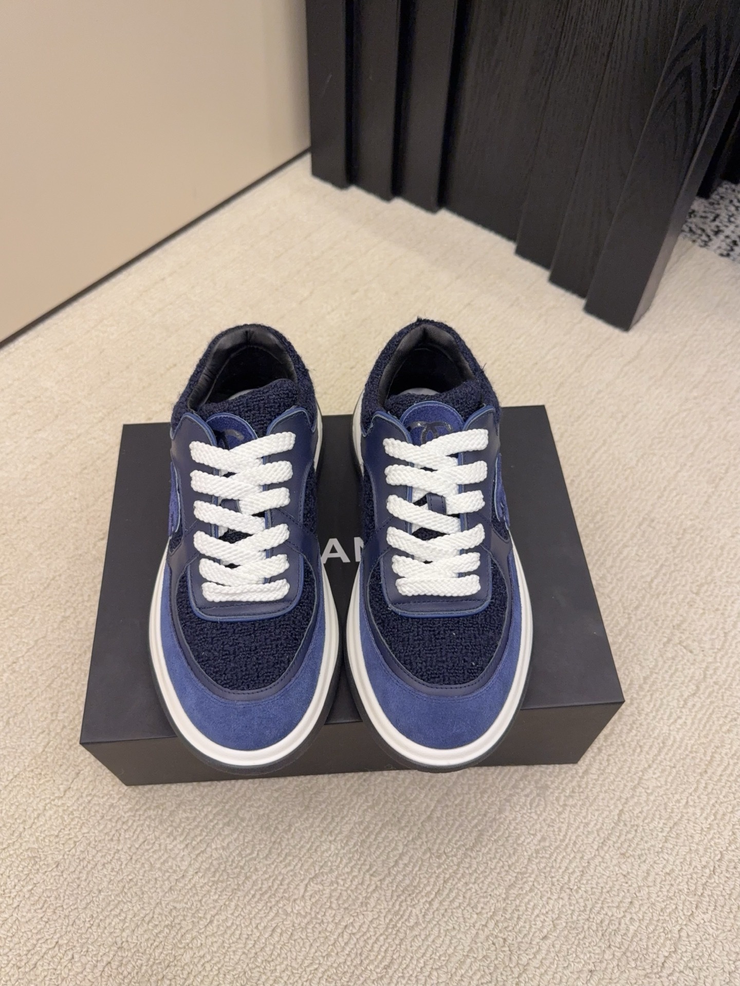 Chanel Navy Blue Tweed & Suede Luxury Sneakers for Women