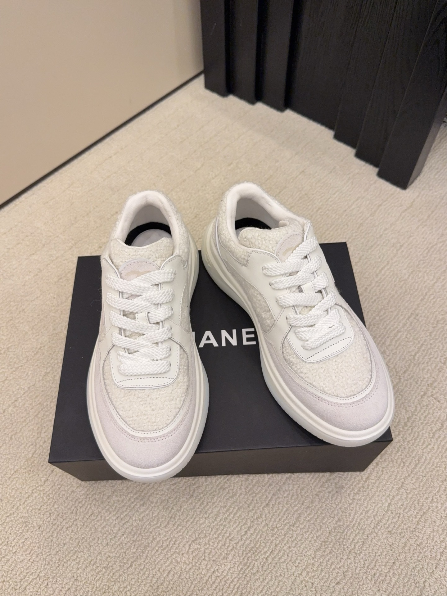 Luxury Chanel White Bouclé & Leather Sneakers – Premium Fashion